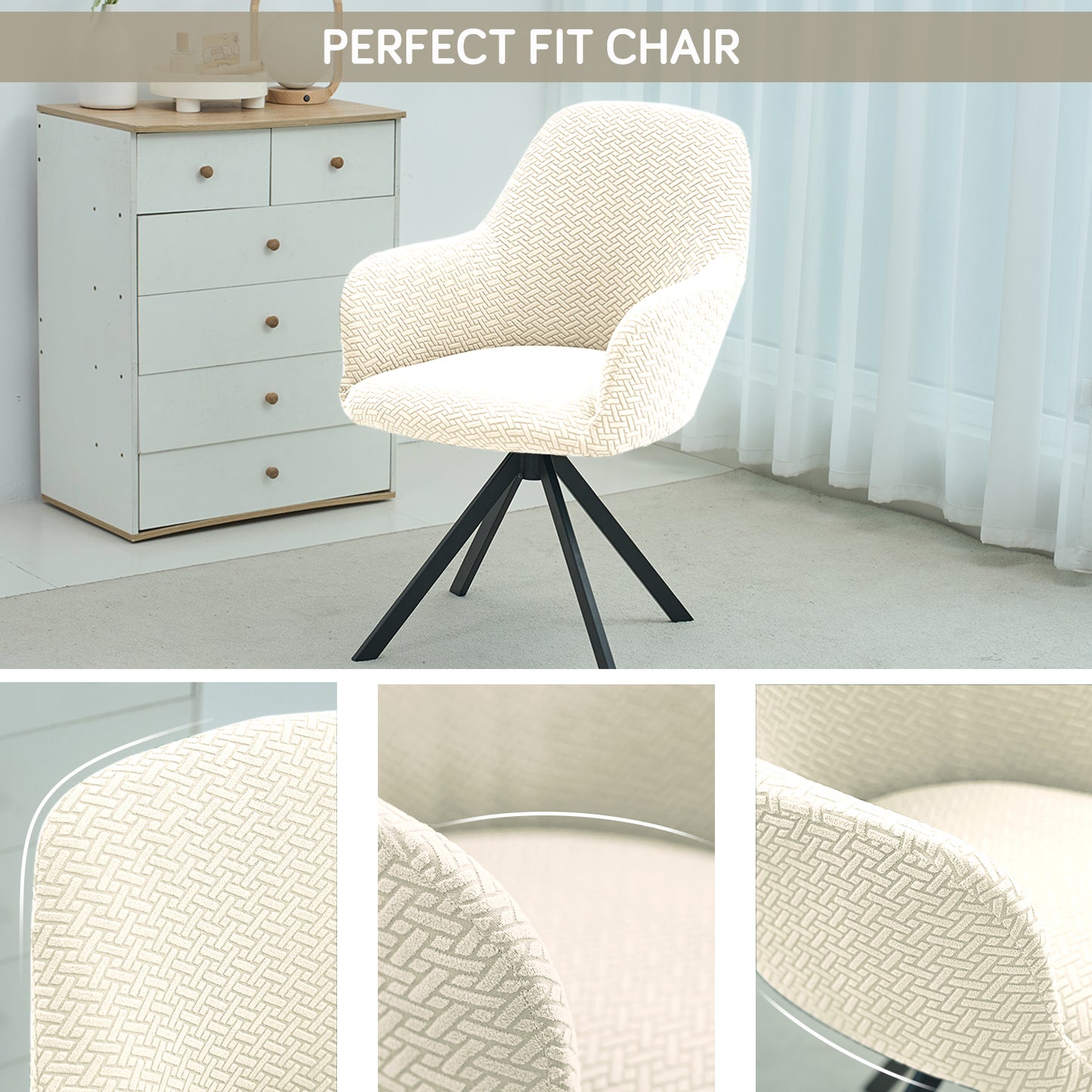 Premium Jacquard Fully Covered Cover for Swivel Dining Chair with Arms, Beige