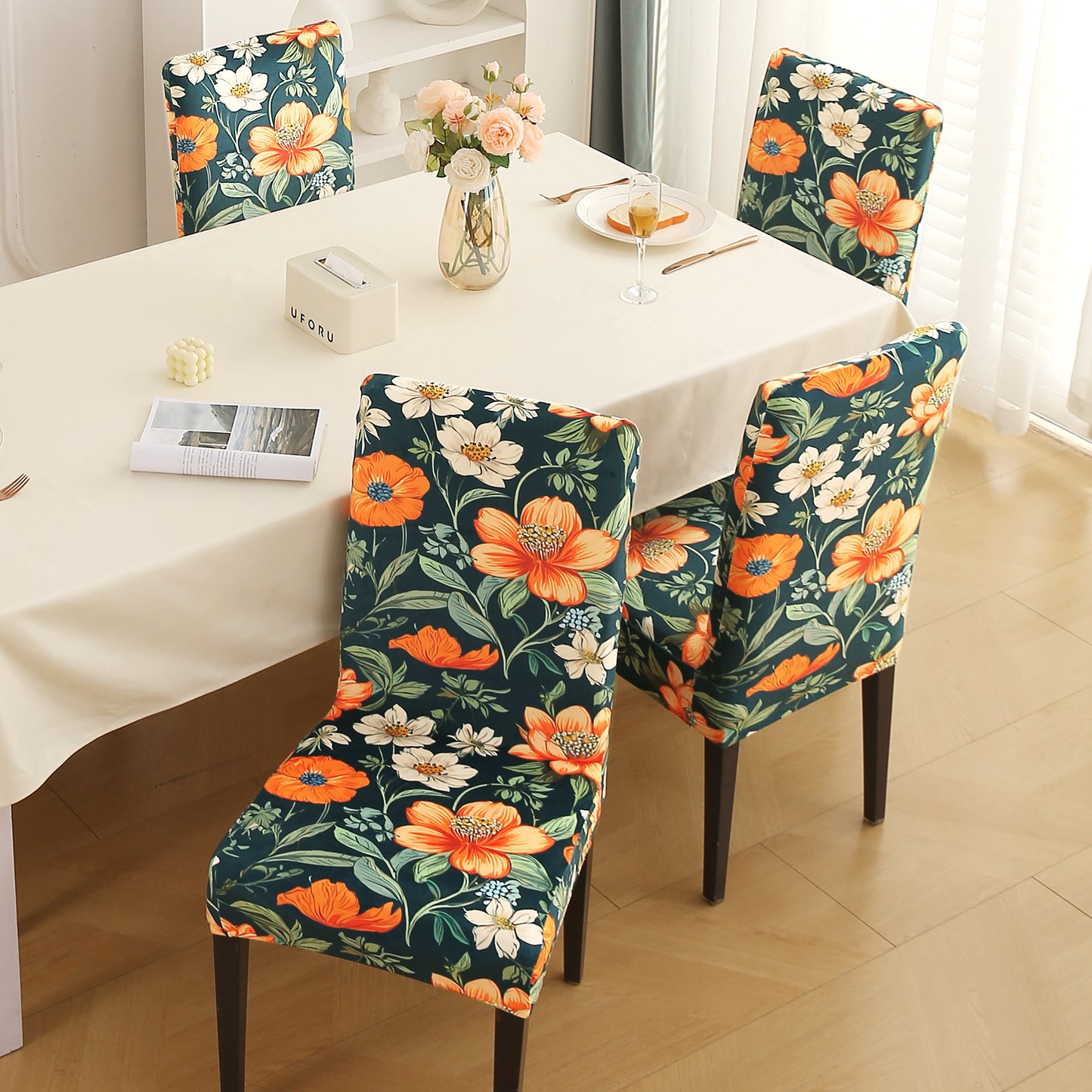 Premium Printed Velvet Dining Chair Cover Set, Teal Twilight Garden