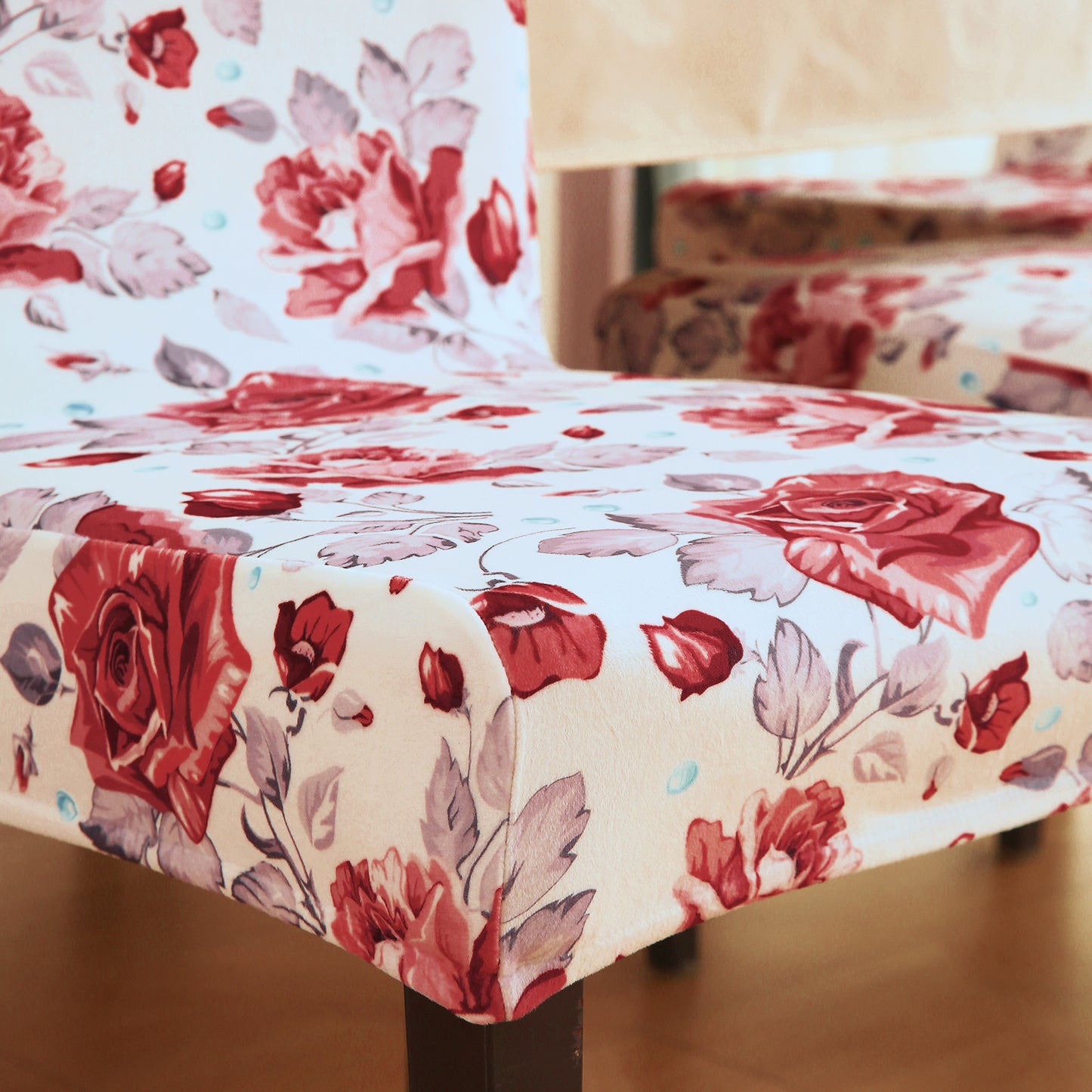 Premium Printed Velvet Dining Chair Cover Set, Red Cottage Rose
