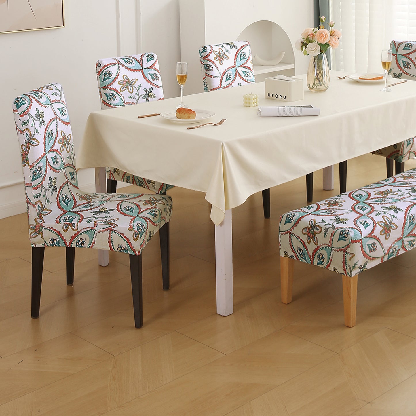 Premium Velvet Cover Set for 4 Dining Chairs + 1 Dining Bench, Beige Persian Garden