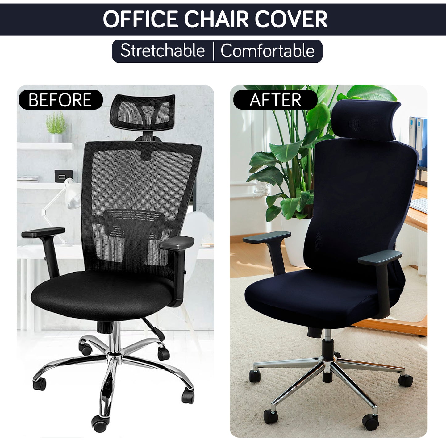Office Chair Cover with Headrest (High-Back) – 140 GSM Stretch Fabric – Washable, Anti-Slip Fit for Ergonomic Mesh Office Chairs, Navy Blue