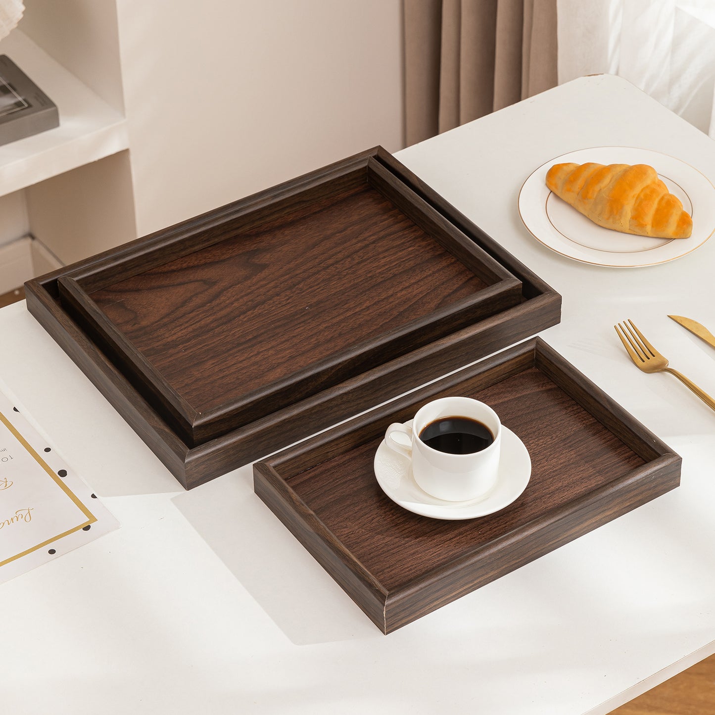 Wooden Serving Tray MDF Rectangular Eco-Friendly Trays Set of 3, Dark Walnut Finish