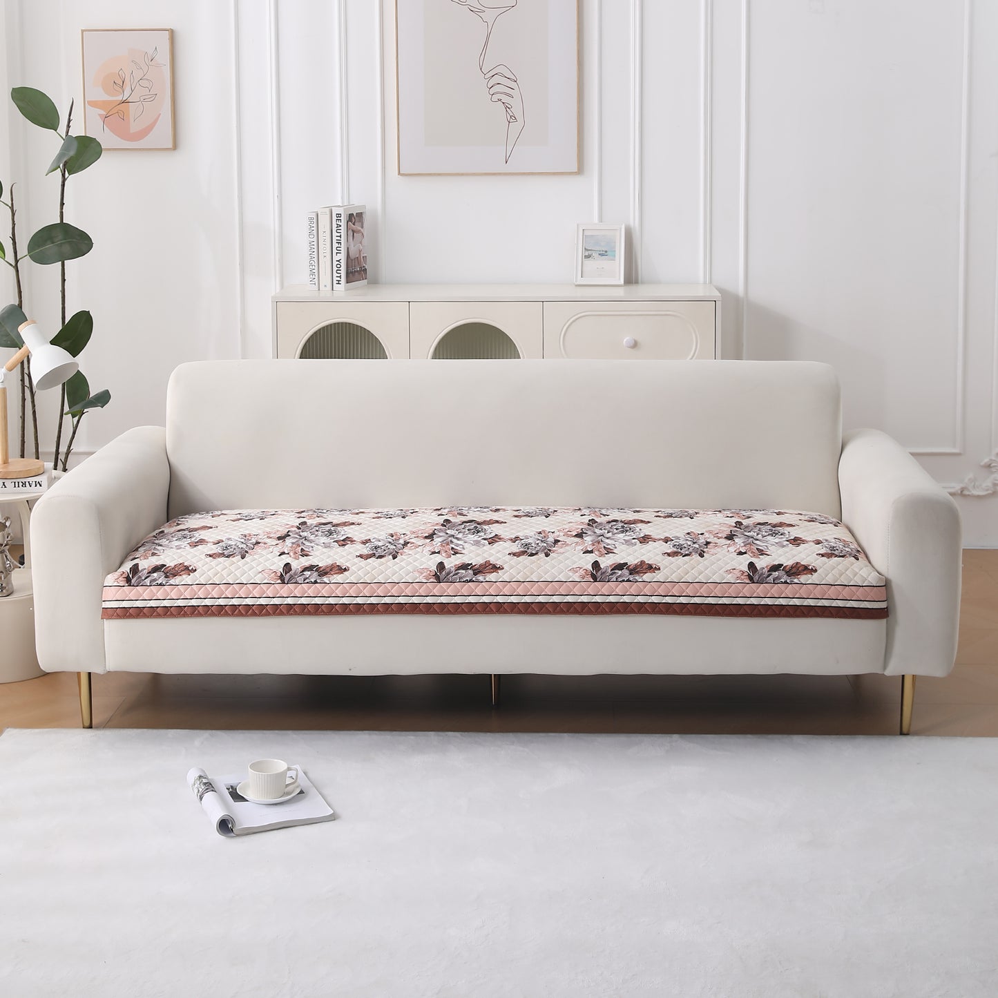 LiefNest Holland Velvet Sofa Cover Mat with Foam Filling - Chrysanthemum Bloom Soft Beige