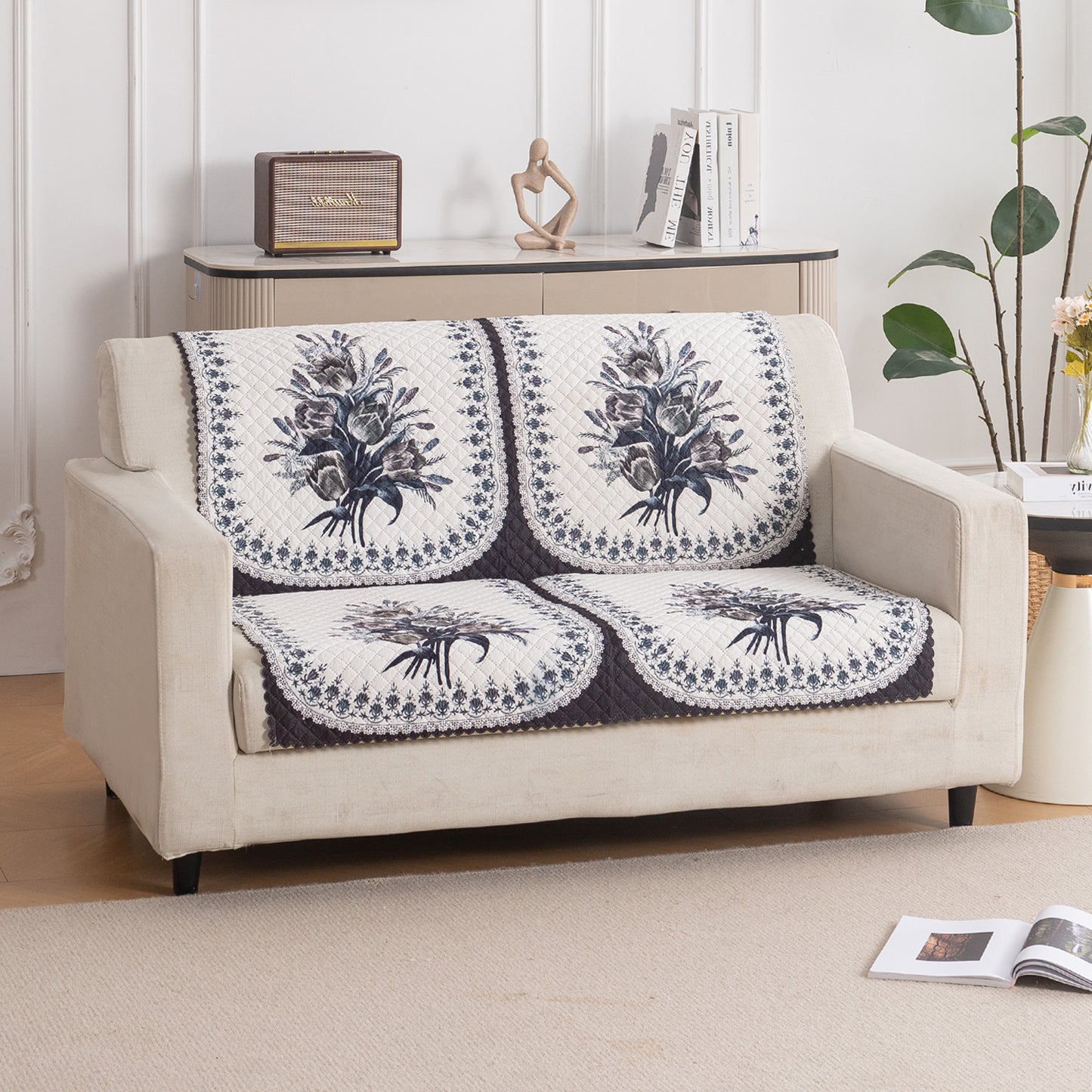 LoomVerse Quilted Sofa Cover Set Washable Sofa Panel for Seat & Back - Midnight Bloom