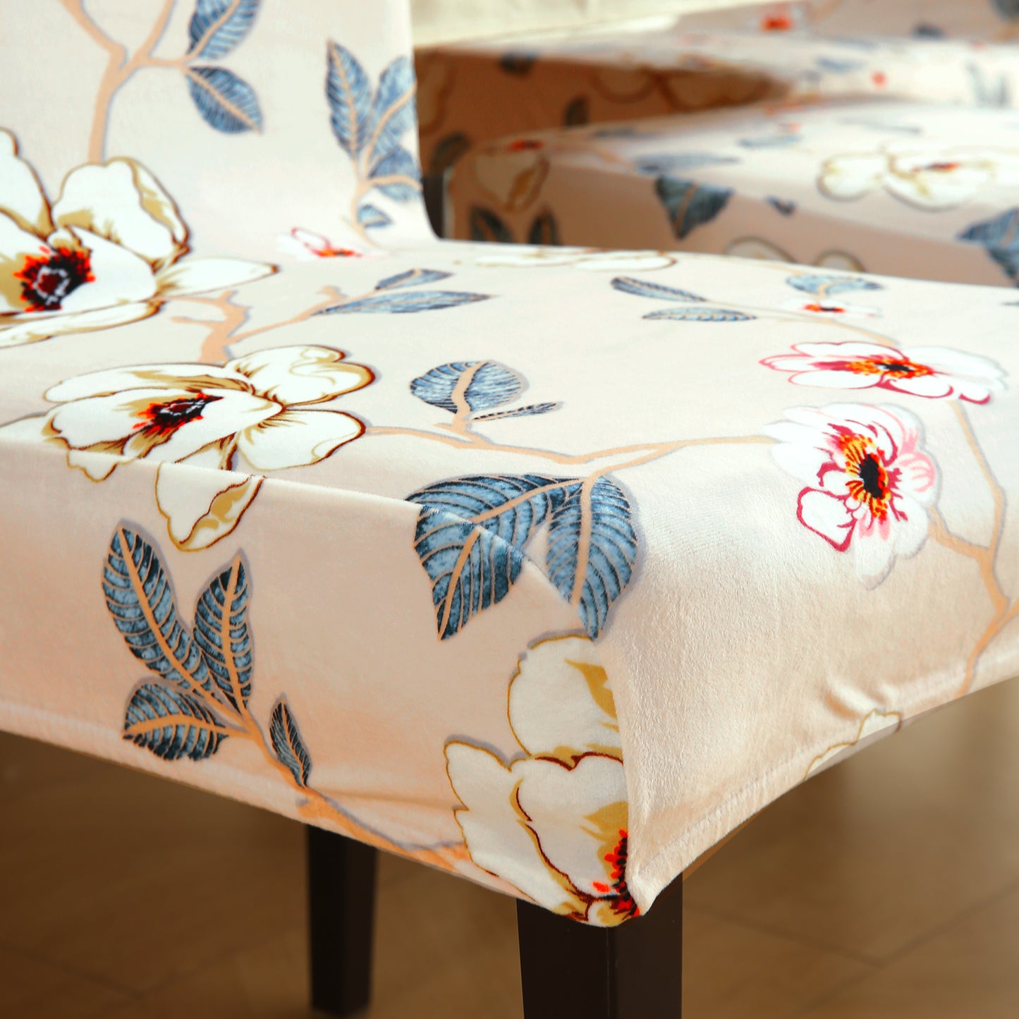 Premium Printed Velvet Dining Chair Cover Set, Buttercream Magnolia Whisper
