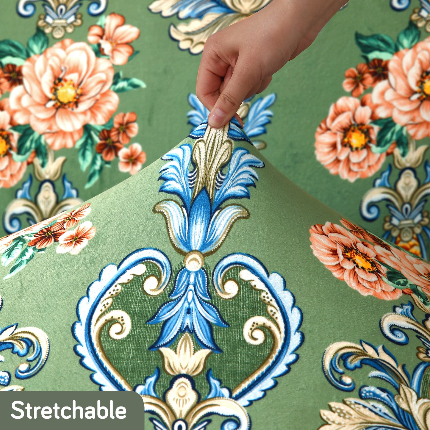 Premium Printed Velvet Sofa Cover 1/2/3 Seaters Fully Covered, Green Victorian Garden