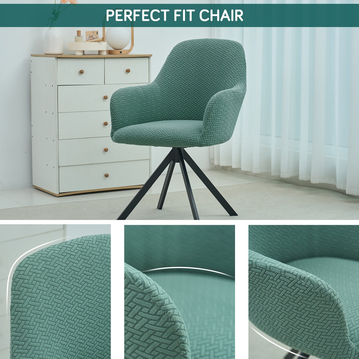 Premium Jacquard Fully Covered Cover for Swivel Dining Chair with Arms, Continental Green