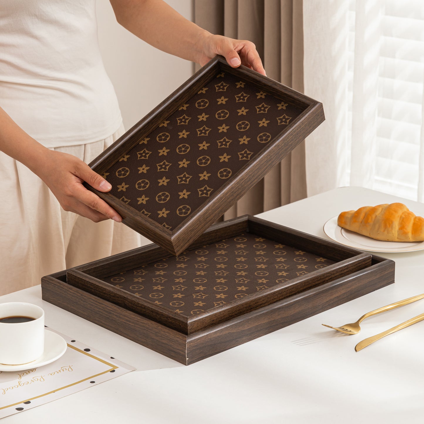 Wooden Serving Tray MDF Rectangular Eco-Friendly Trays Set of 3, Elegant Brown Finish