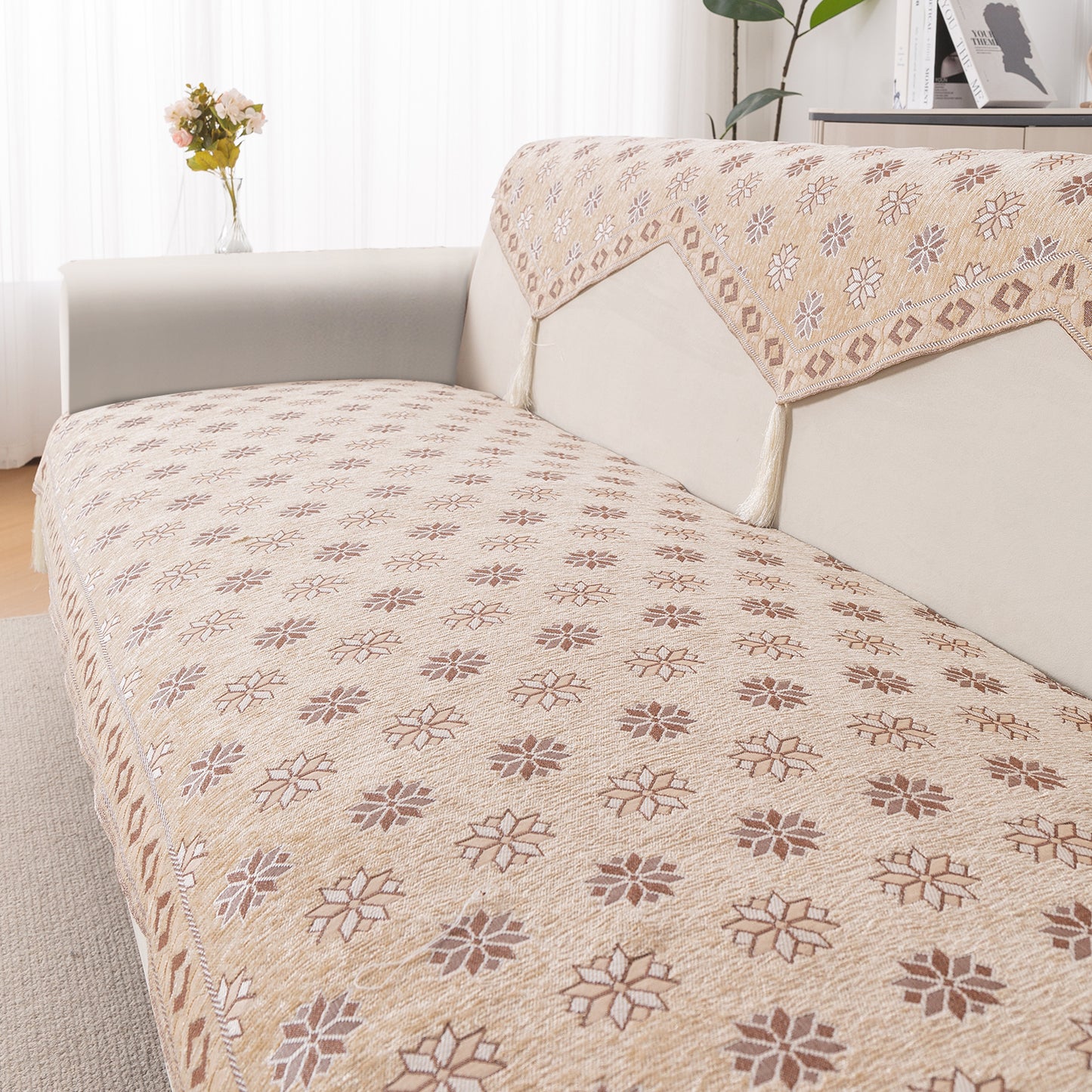 Heritage Weave Premium Jacquard Sofa Cover Set with Tassels - Sandy Beige