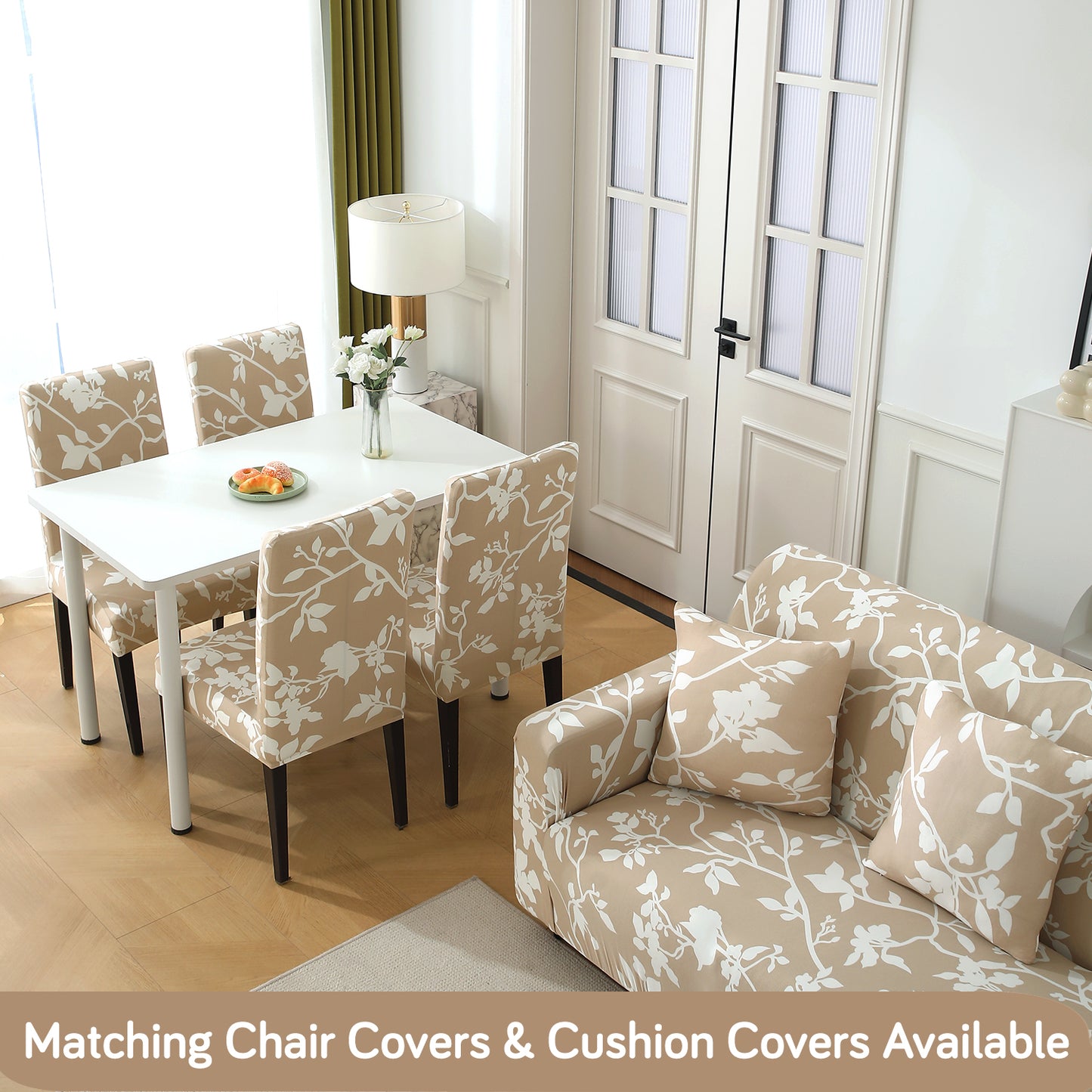 Buy Buff brown silhouette floral print matching elastic sofa covers for chairs and sofas