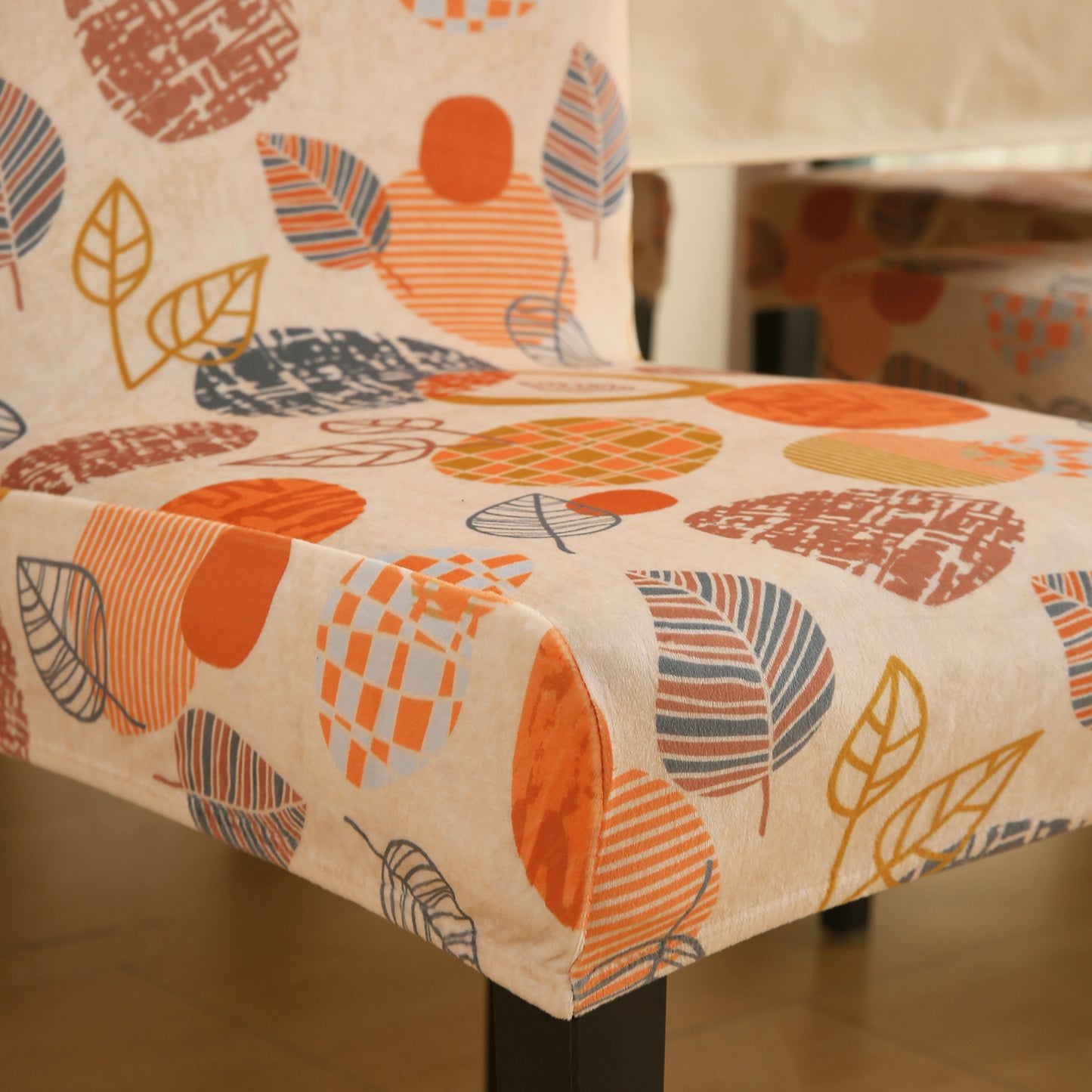 Premium Printed Velvet Dining Chair Cover Set, Coral Autumn Leaves