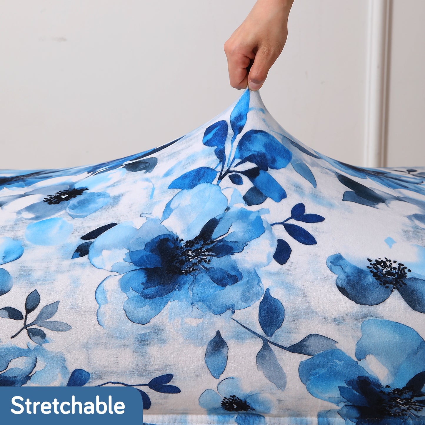 Premium Printed Velvet Sofa Cover 1/2/3 Seaters Fully Covered, Blue Azure Botanical
