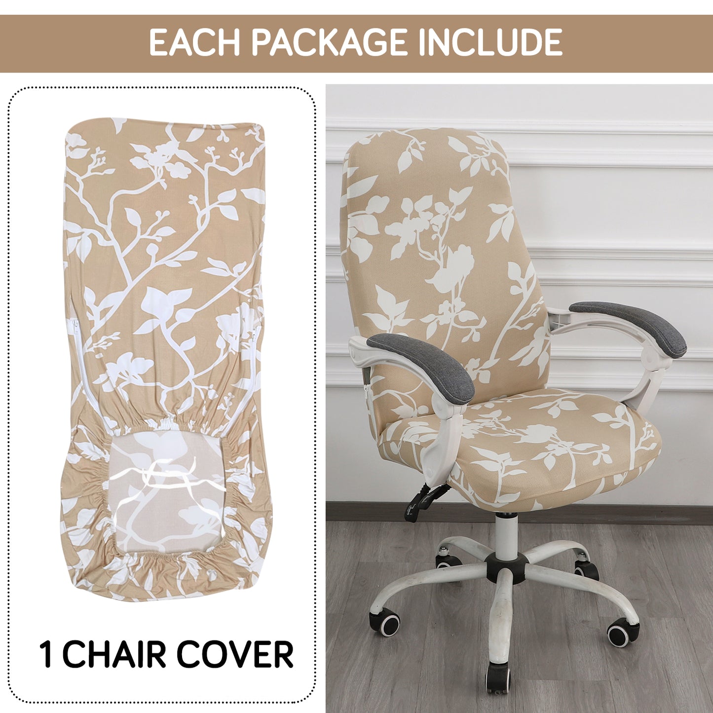 HOKIPO 140gsm Stretchable Office Chair Cover, Buff Brown Sillehoute Floral - Medium / Large