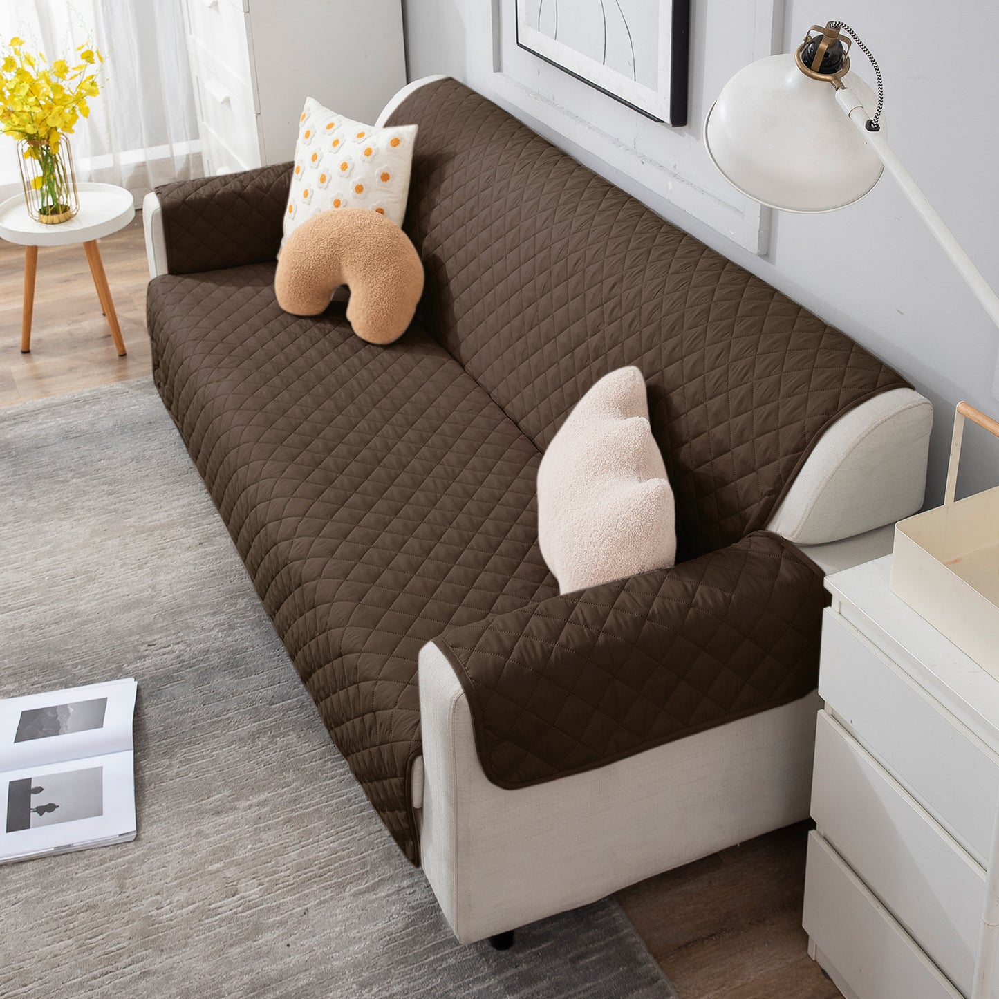 Quilted Polyester Sofa Cover Mat Pet Friendly, Chocolate Brown