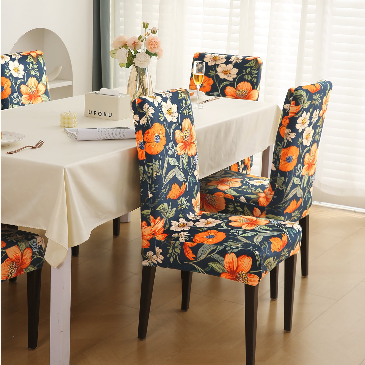Premium Printed Velvet Dining Chair Cover Set, Teal Twilight Garden