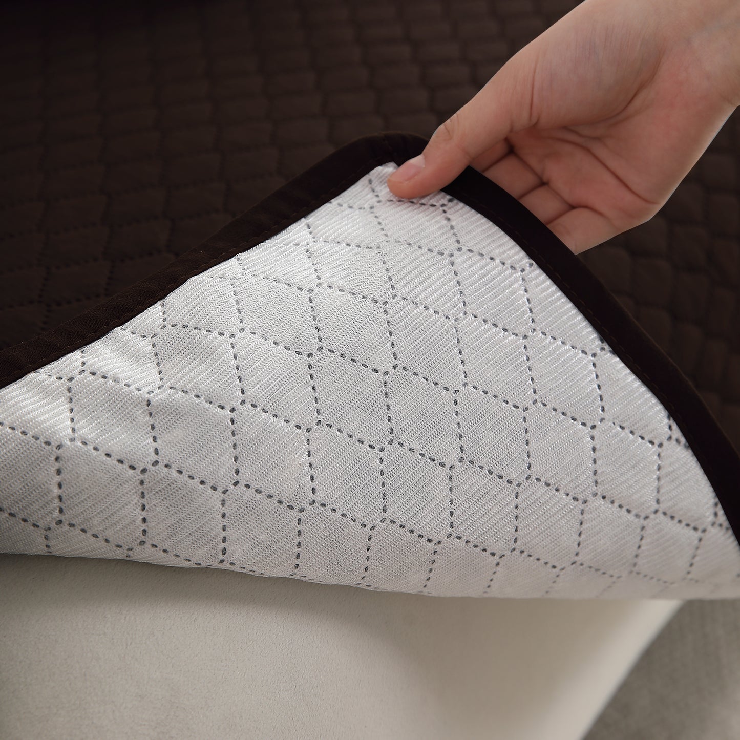 Quilted Sofa Cover Set with Seat Mat and Armrest Covers with Pockets, Dark Brown