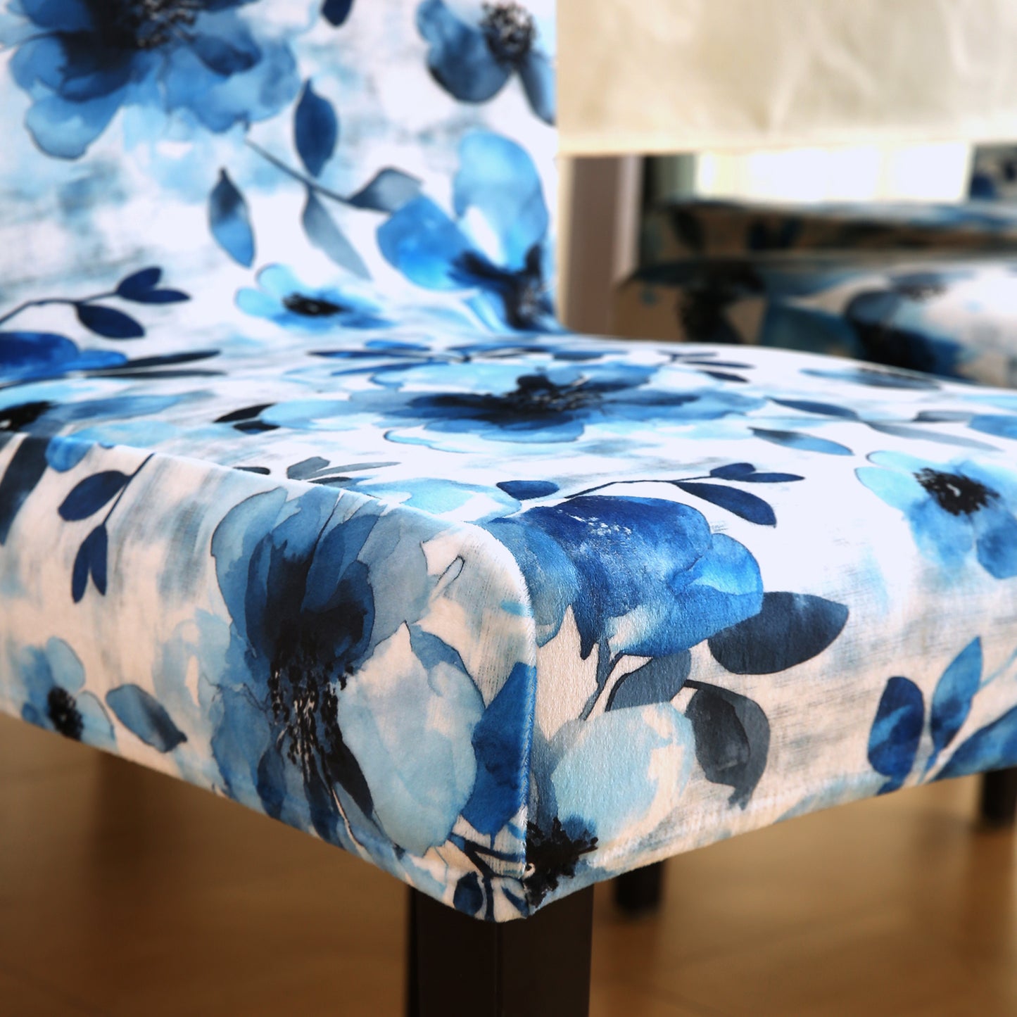 Premium Printed Velvet Dining Chair Cover Set, Blue Azure Botanical