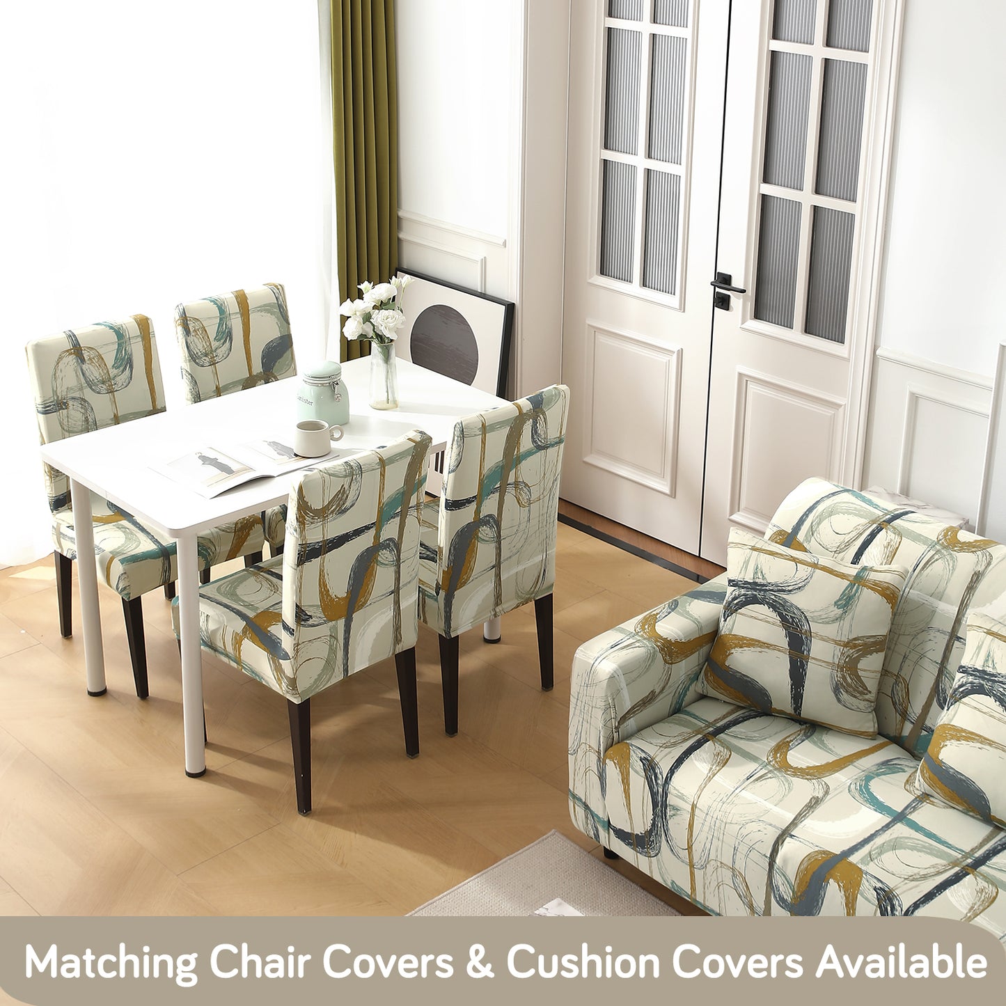Buy Parchement Beige Abstract Art Printed Matching elastic covers for chairs and sofas