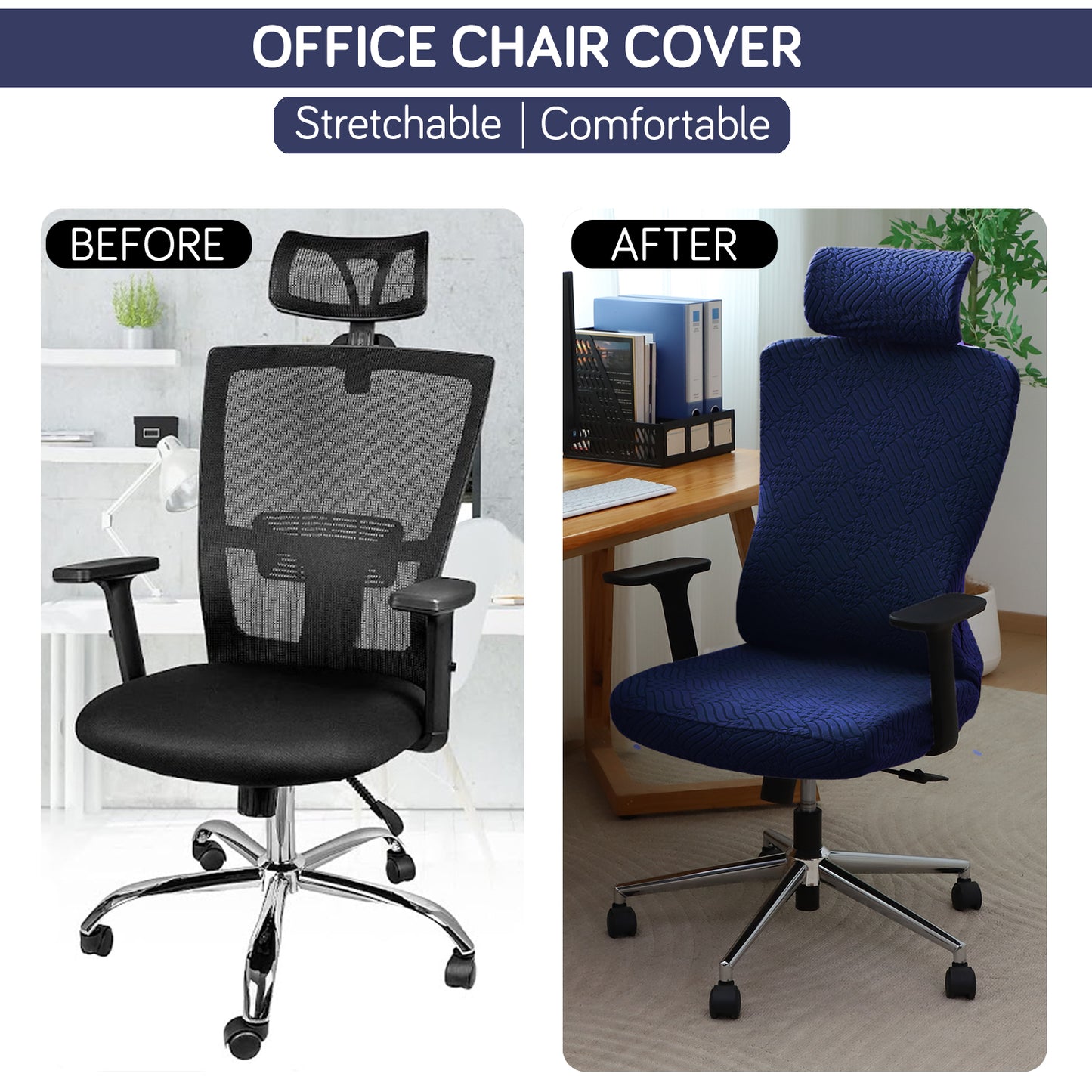Office Chair Cover with Headrest (High-Back) – 170 GSM Stretch Jacquard – Washable, Anti-Slip Fit for Ergonomic Mesh Office Chairs, Navy Blue