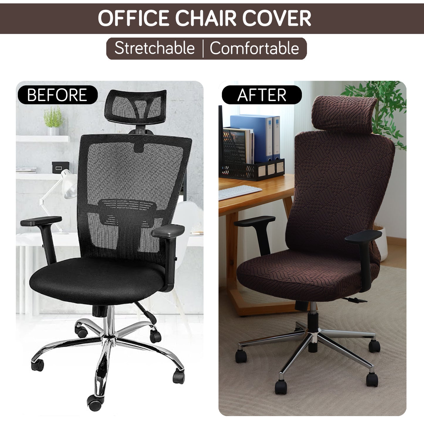 Office Chair Cover with Headrest (High-Back) – 170 GSM Stretch Jacquard – Washable, Anti-Slip Fit for Ergonomic Mesh Office Chairs, Brown