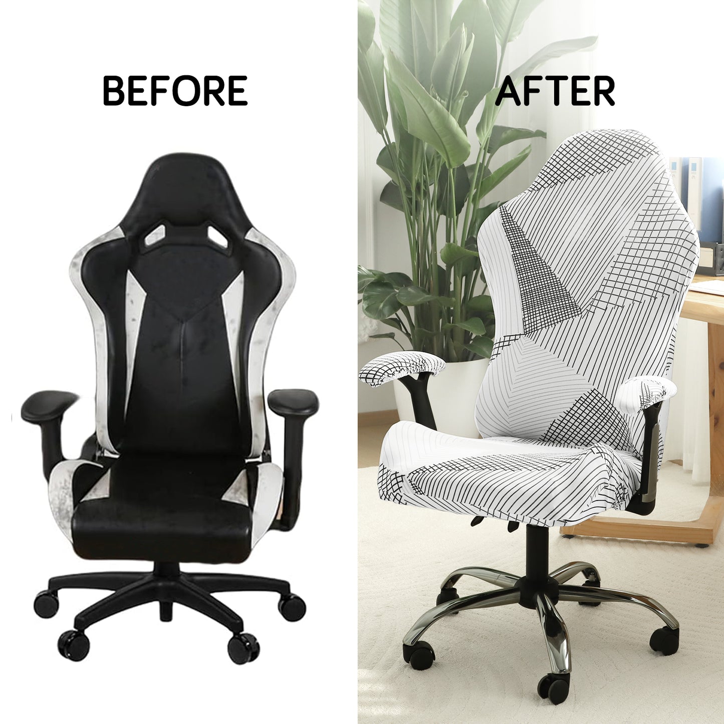 Printed Gaming Chair Seat Cover Elastic Computer Rotating Chair, Snow White Black Geometry