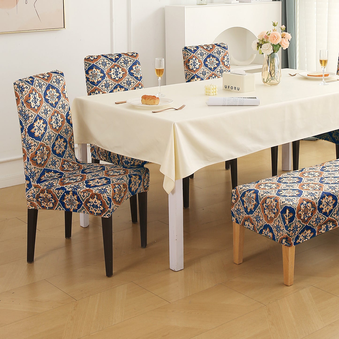 Premium Velvet Cover Set for 4 Dining Chairs + 1 Dining Bench, Indigo Moroccan Charm