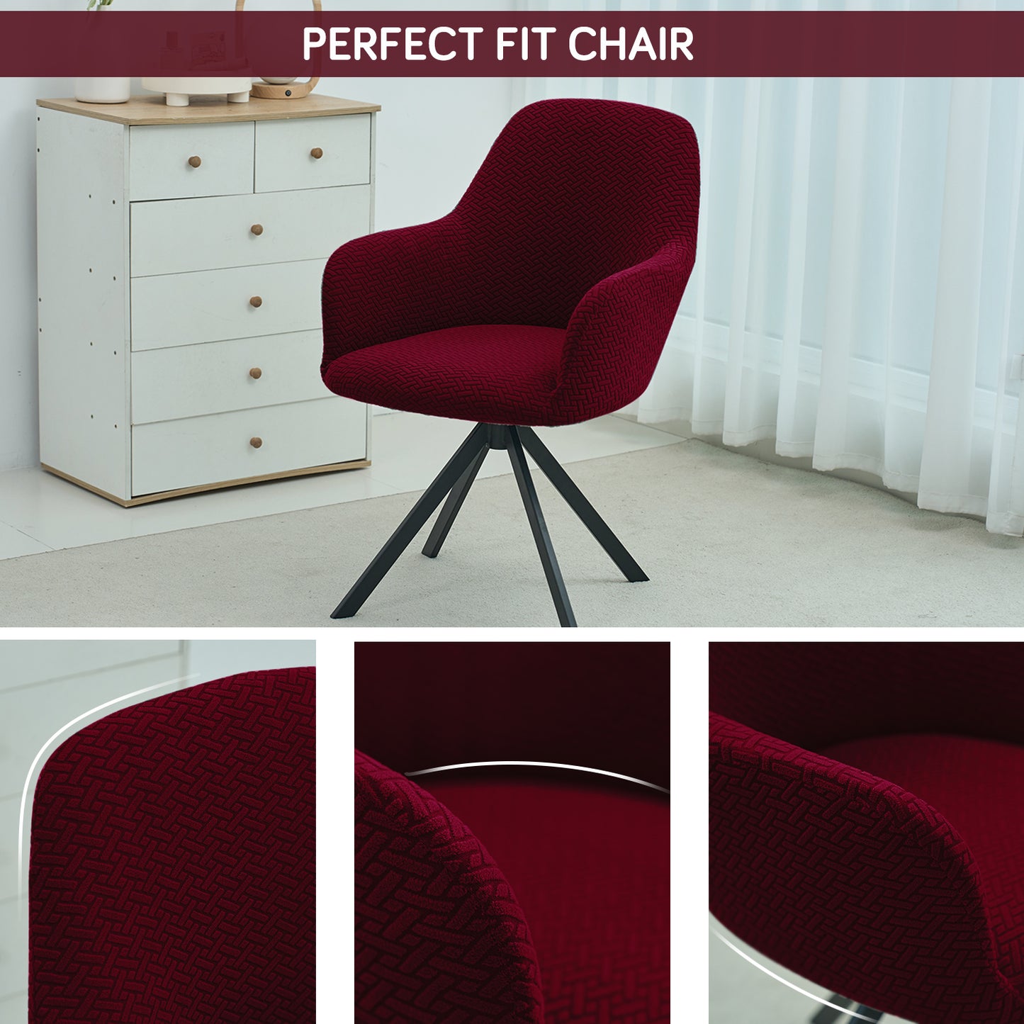 Premium Jacquard Fully Covered Cover for Swivel Dining Chair with Arms, Burgundy