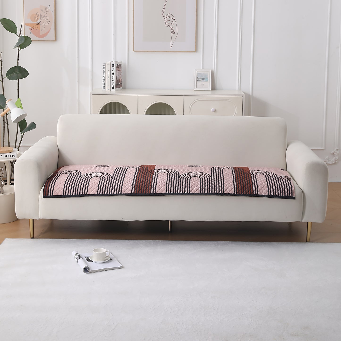 LiefNest Holland Velvet Sofa Cover Mat with Foam Filling - Modern Archscape Mauve Blush