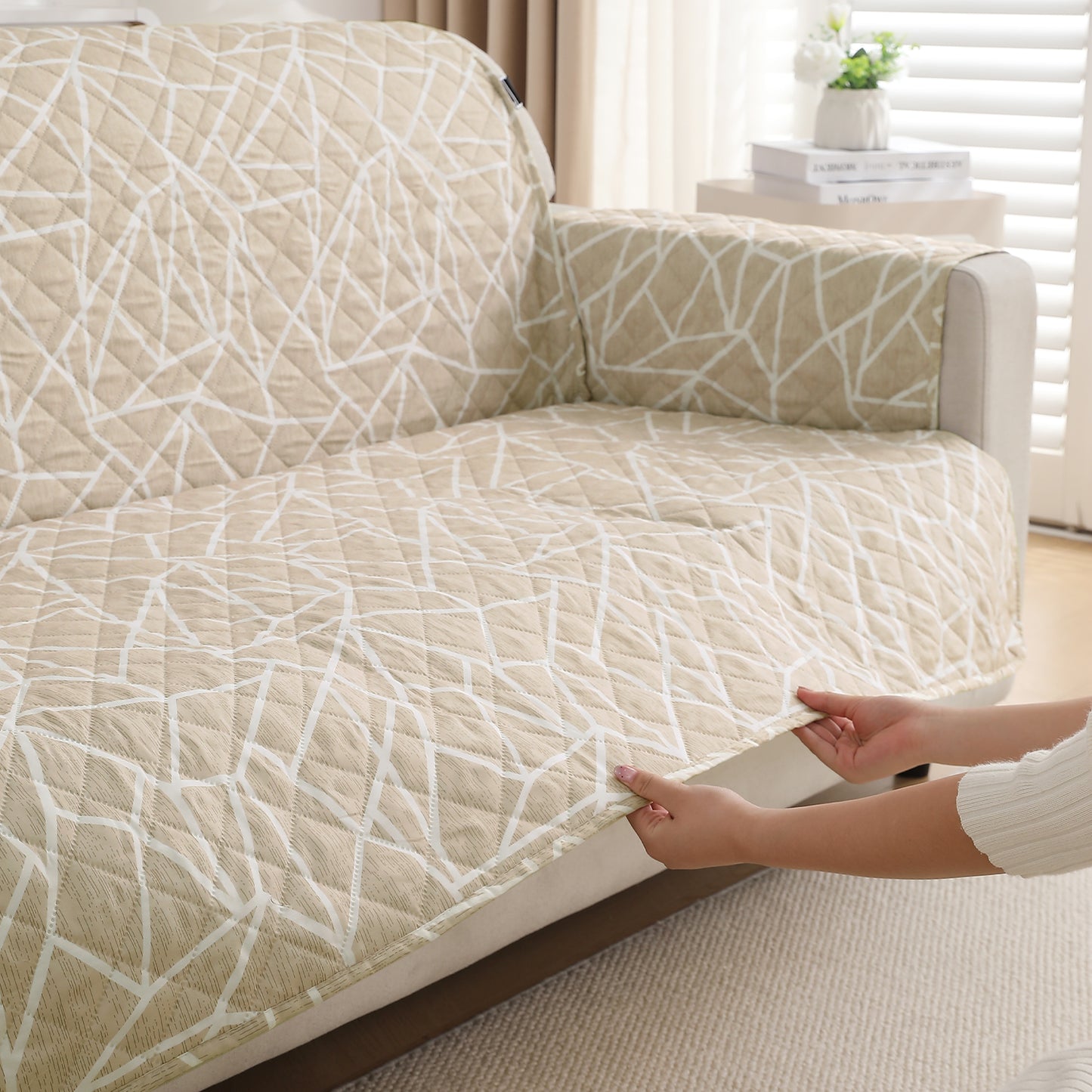 Waterproof & Quick-Dry Quilted Sofa Cover with Pockets on Armrest, Beige Abstract Geometry