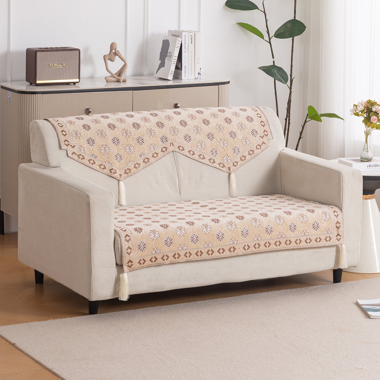 Heritage Weave Premium Jacquard Sofa Cover Set with Tassels - Sandy Beige