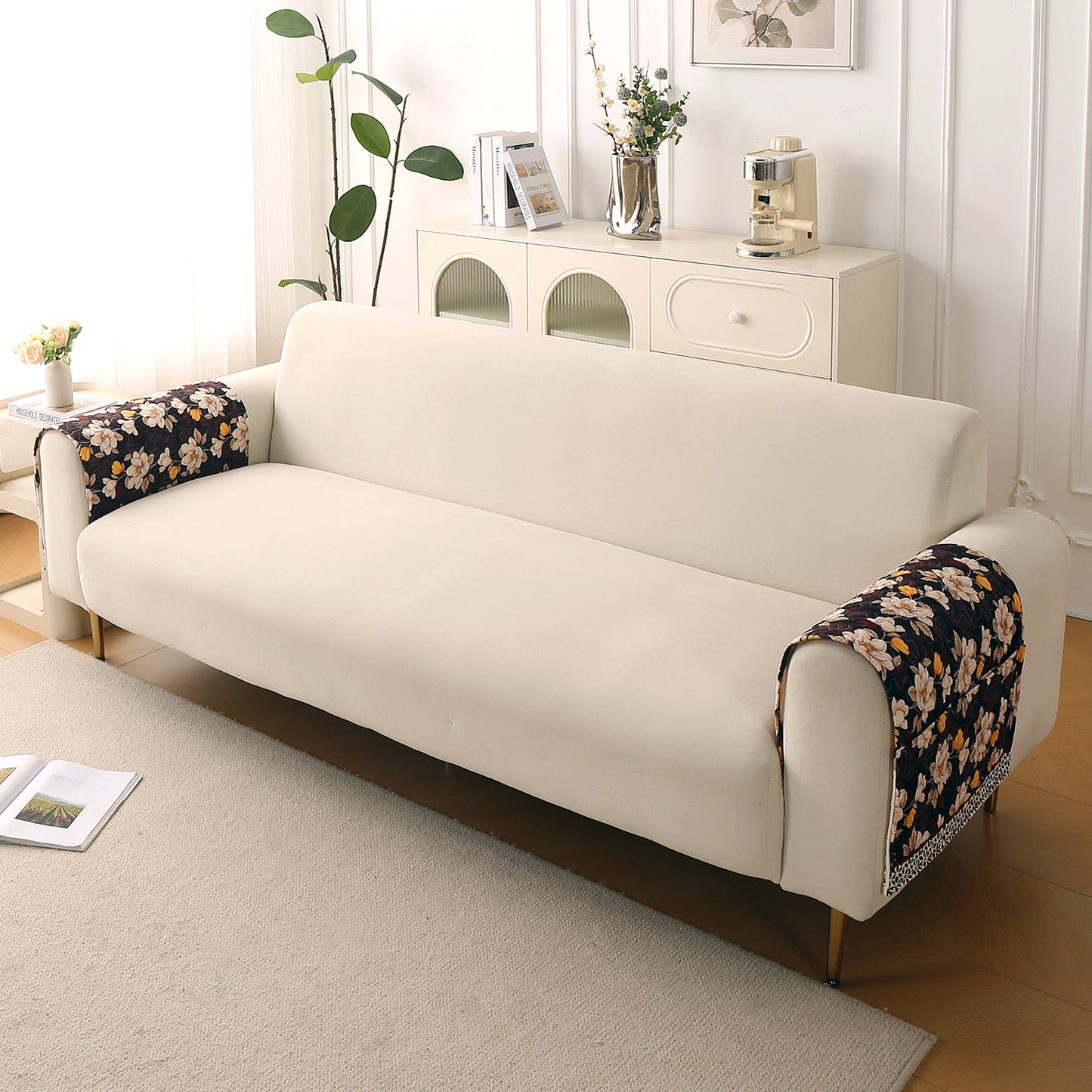 Florentina Series Printed Holland Velvet Sofa Mat - Camellia Brown