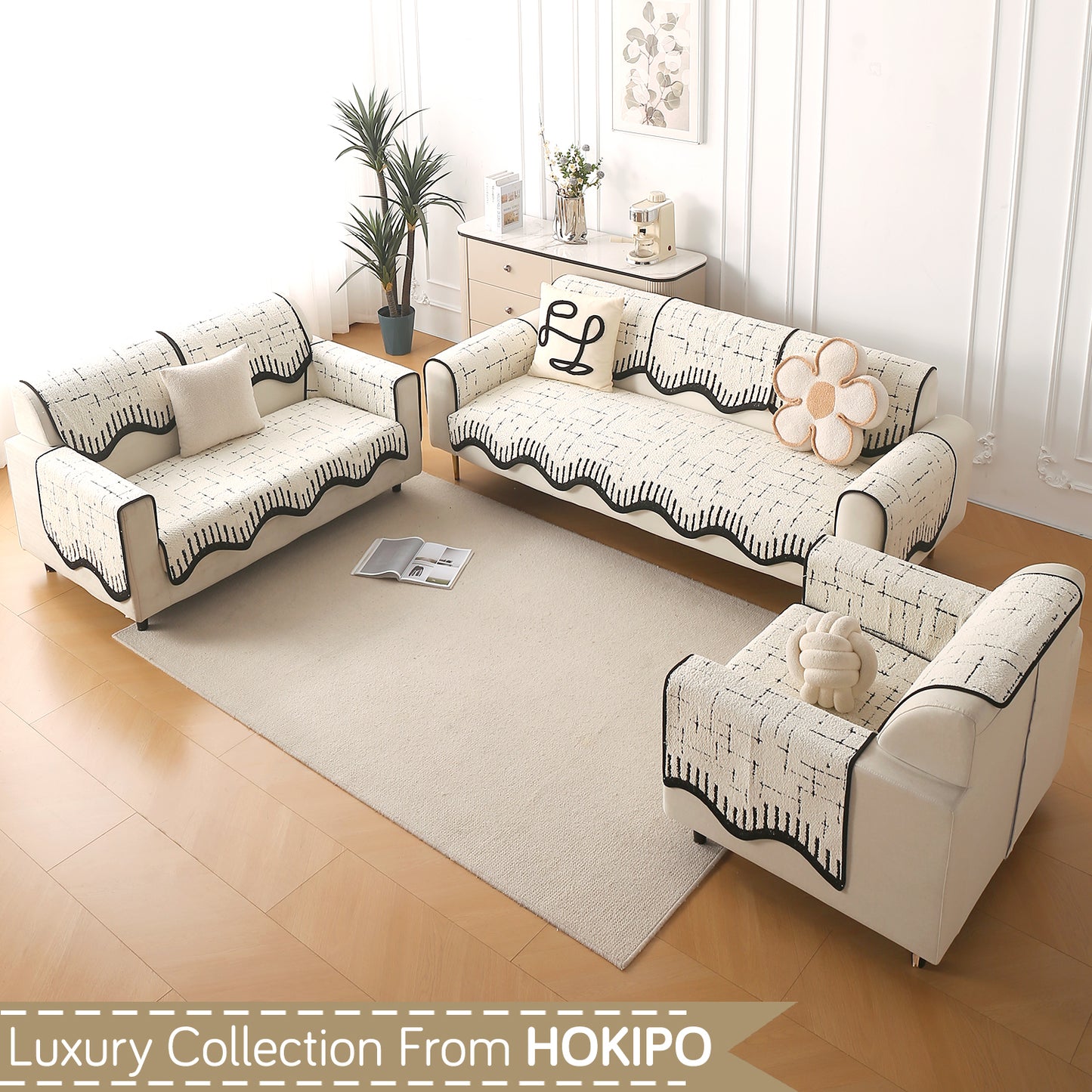 Premium Supple Soft Wavy with Curve Sofa Cover Mat, Off-White