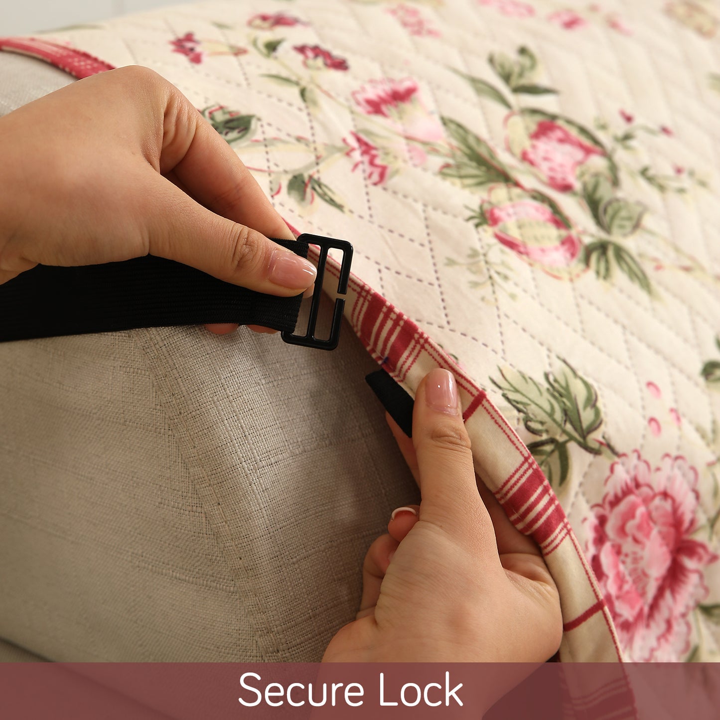 Beige Peonies Printed quilted sofa cover with non slip elastic strap