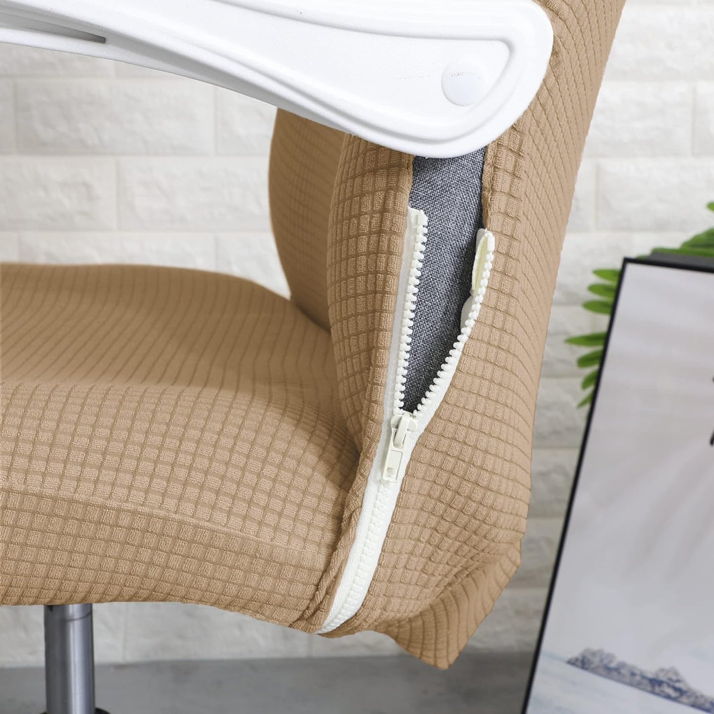 Water Repellent Office Chair Cover for Desk Chair (Mid-Back) – 210 GSM Stretch Jacquard – Washable, Durable & Anti-Slip – Fits Mid-Back Office Chairs, Camel