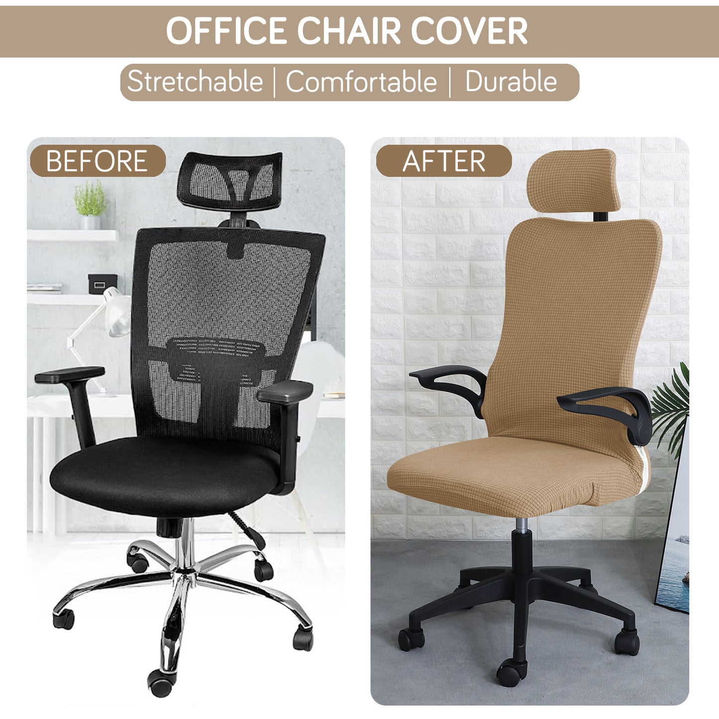 Water Repellent Office Chair Cover with Headrest (High-Back) – 210 GSM Stretch Jacquard – Washable, Anti-Slip Fit for Ergonomic Mesh Office Chairs, Light Brown
