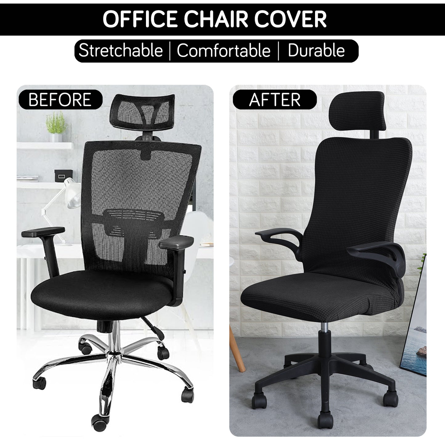 Water Repellent Office Chair Cover with Headrest (High-Back) – 210 GSM Stretch Jacquard – Washable, Anti-Slip Fit for Ergonomic Mesh Office Chairs, Black