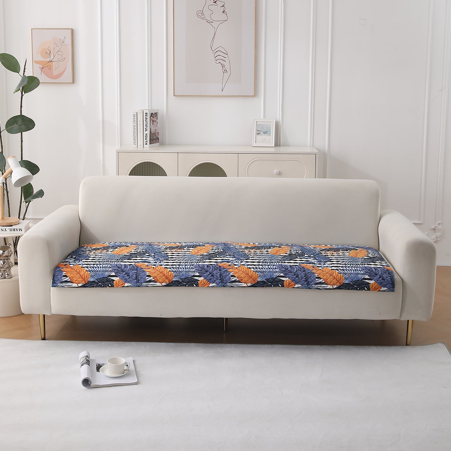 LiefNest Holland Velvet Sofa Cover Mat with Foam Filling - Tropical Leaves Dusk Blue