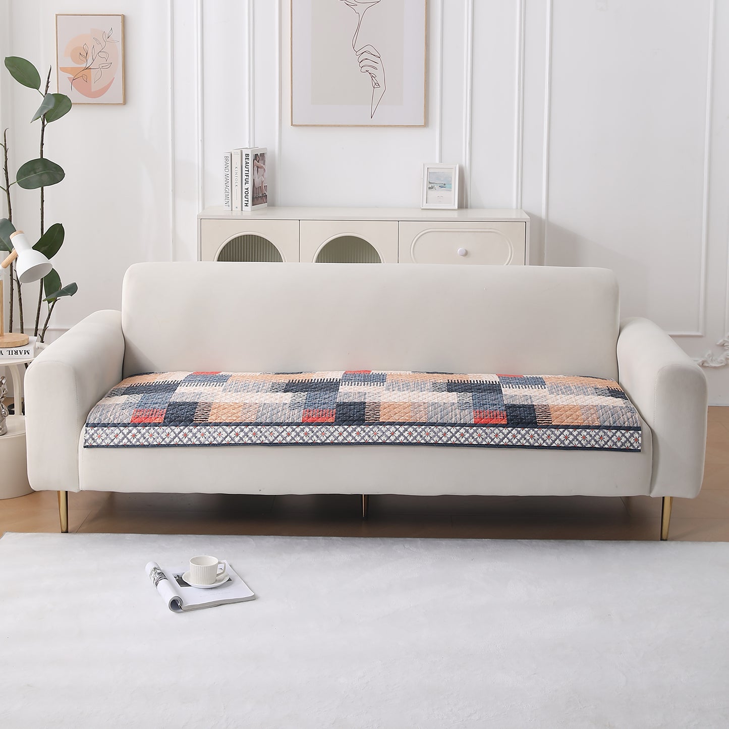 LiefNest Holland Velvet Sofa Cover Mat with Foam Filling - Urban Grid Multicolor