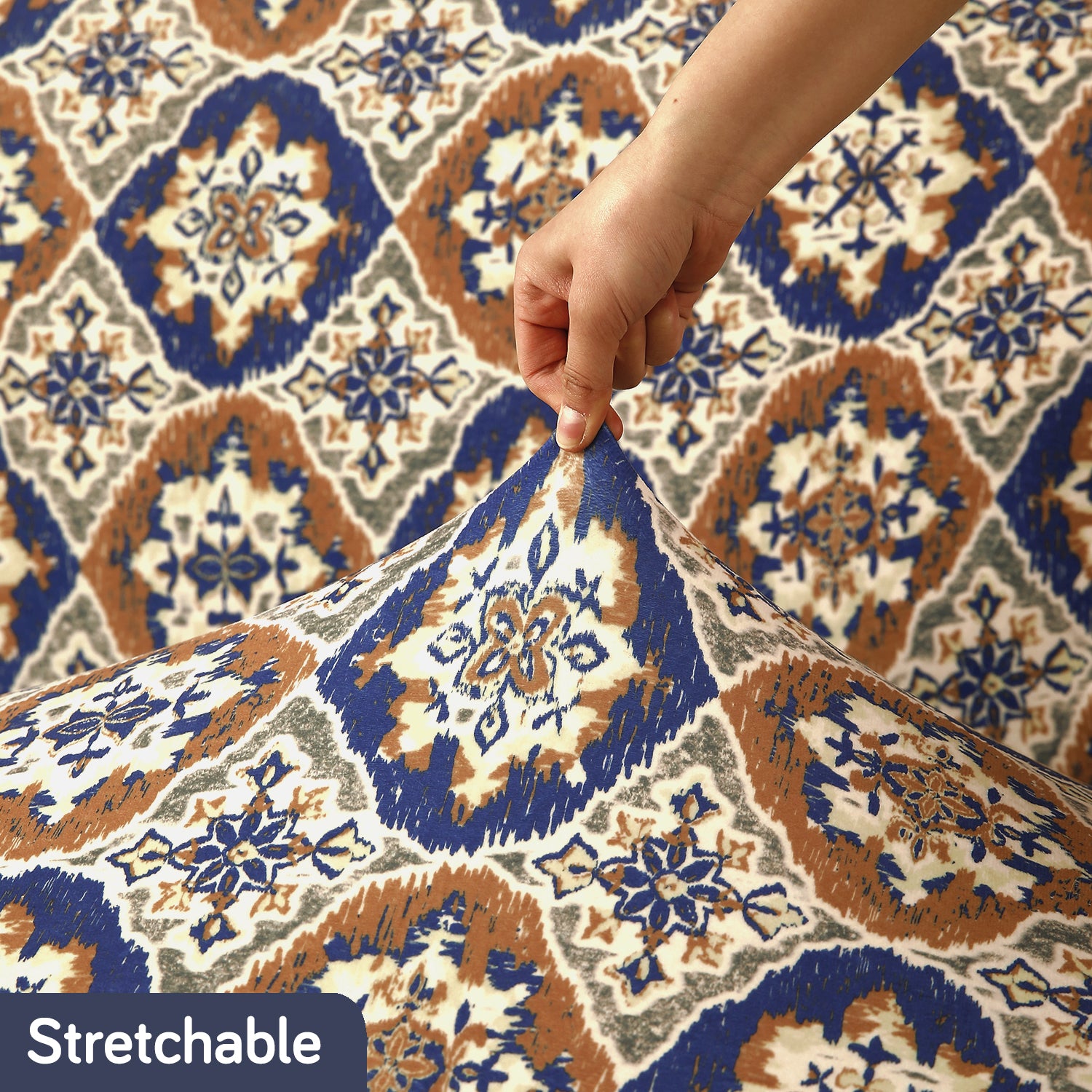 Indigo Moroccan Charm print stretchable velvet sofa cover