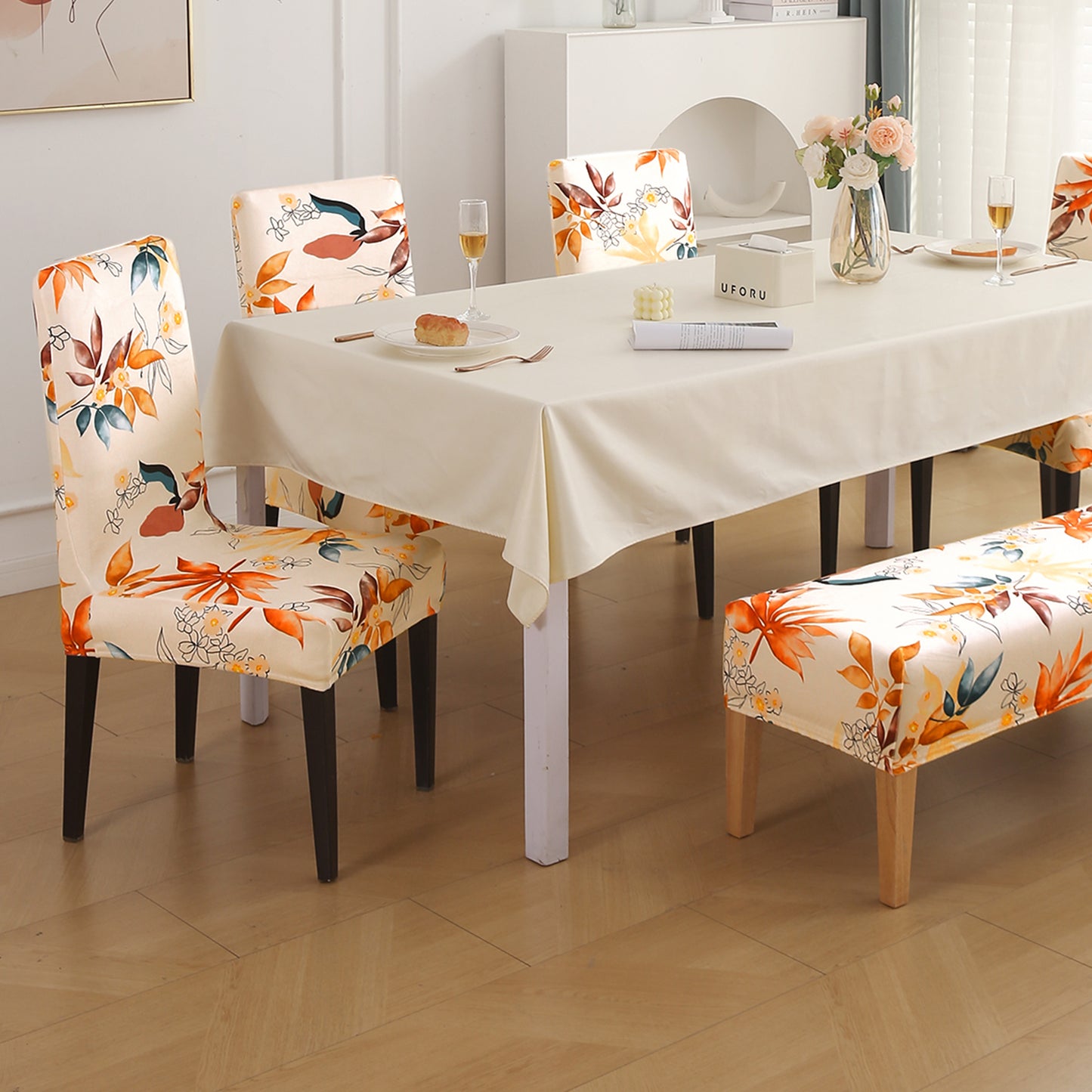 Premium Velvet Cover Set for 4 Dining Chairs + 1 Dining Bench, Amber Serene Flora