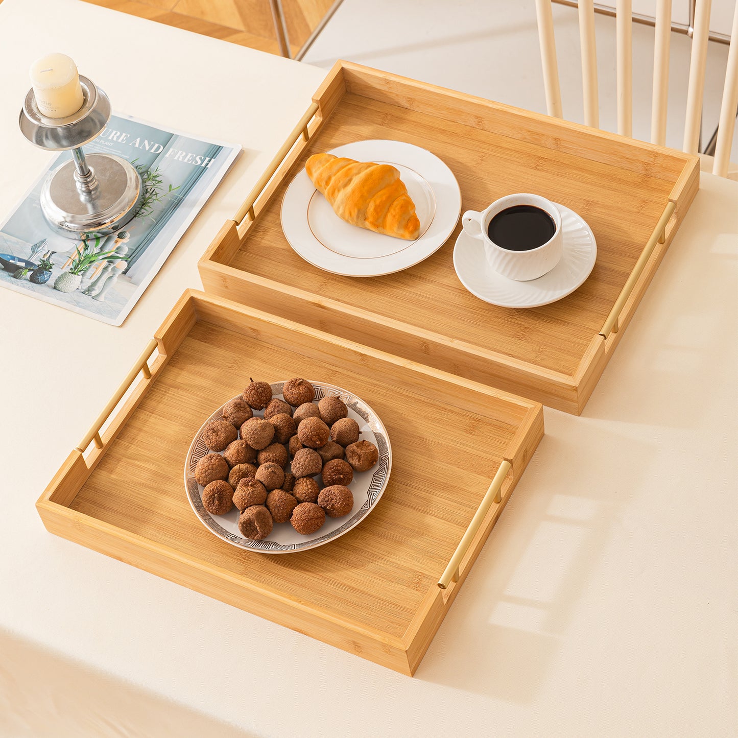 Bamboo Set of 2/3 Serving Tray Set with Gold Handles – Elegant Wooden Trays for Kitchen