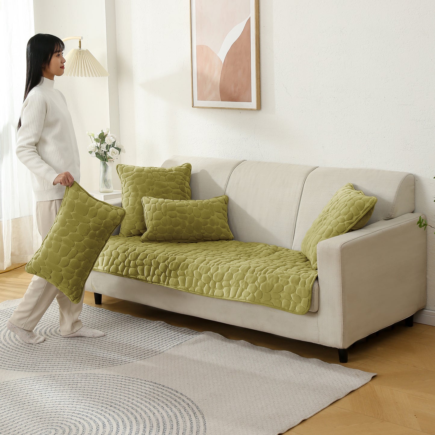 Premium Pebble Milk Velvet Anti Slip Sofa Mat for 1/2/3 Seater, Pristine Green