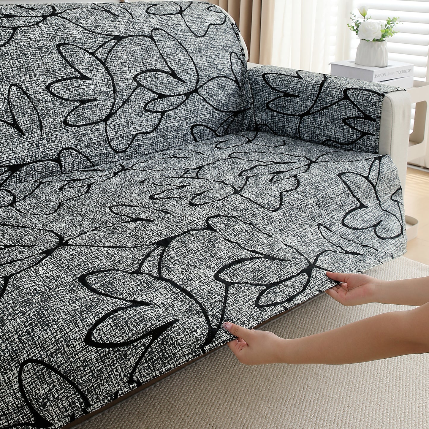 Waterproof & Quick-Dry Quilted Sofa Cover with Pockets on Armrest, Intense Grey Abstract Floral