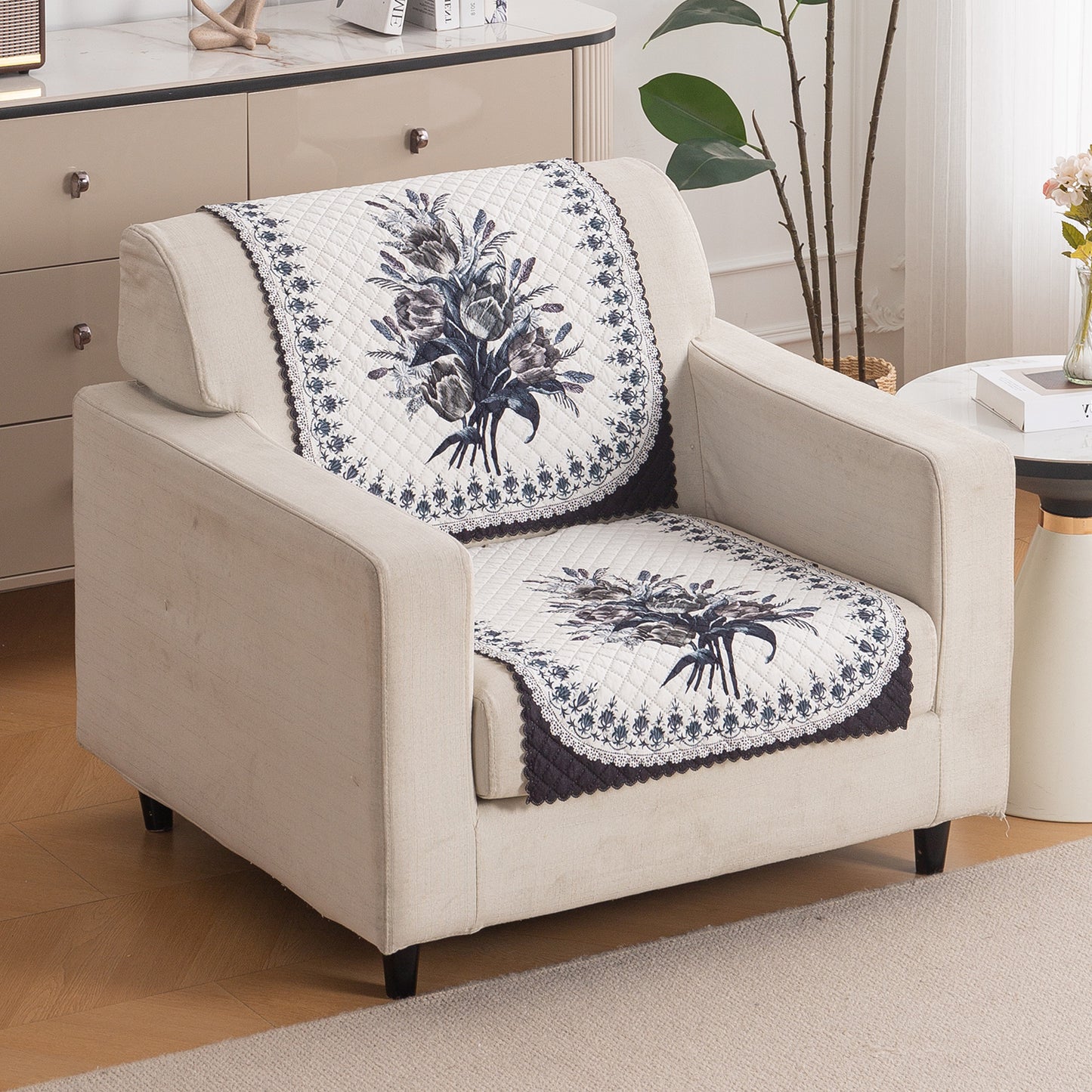 LoomVerse Quilted Sofa Cover Set Washable Sofa Panel for Seat & Back - Midnight Bloom