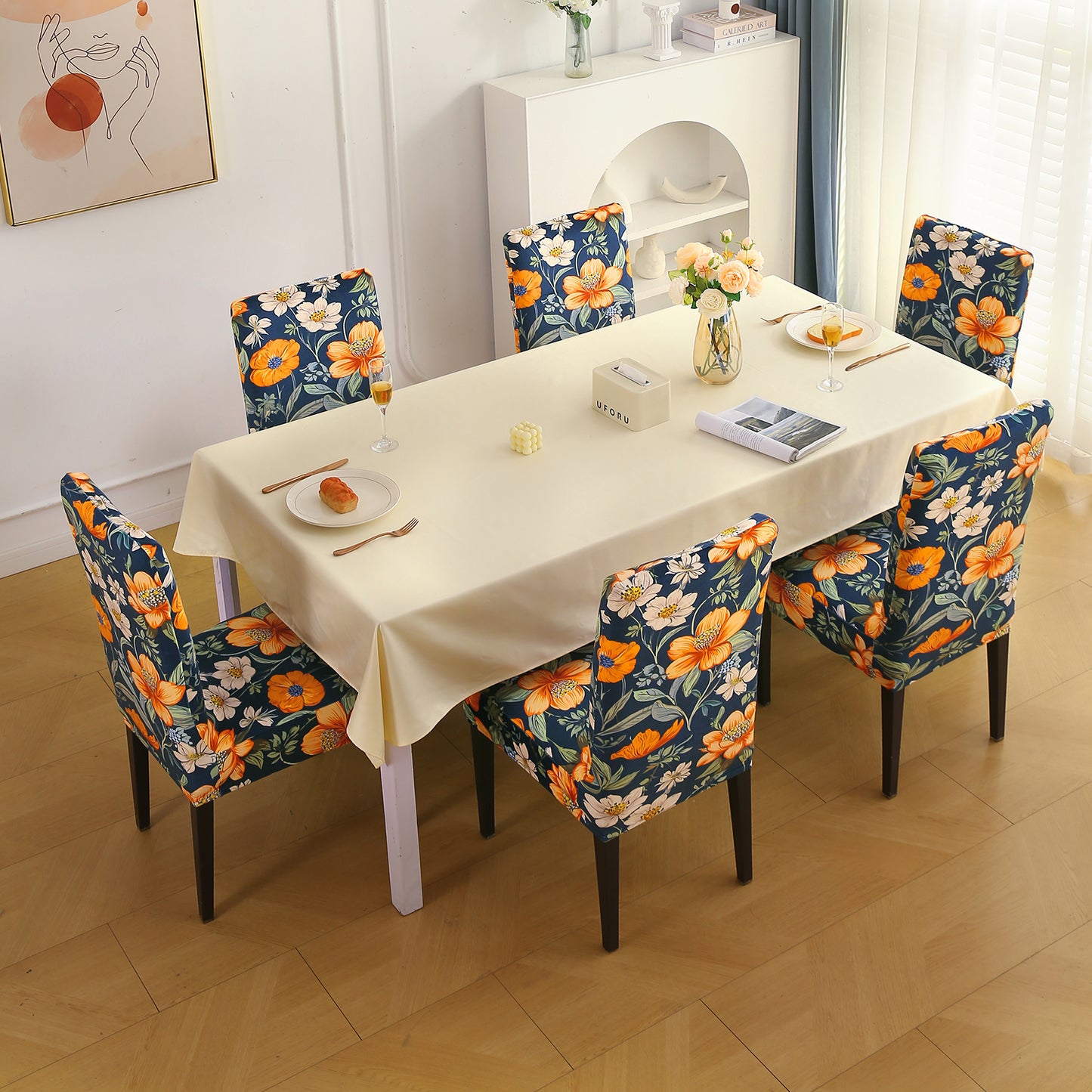 Premium Printed Velvet Dining Chair Cover Set, Teal Twilight Garden