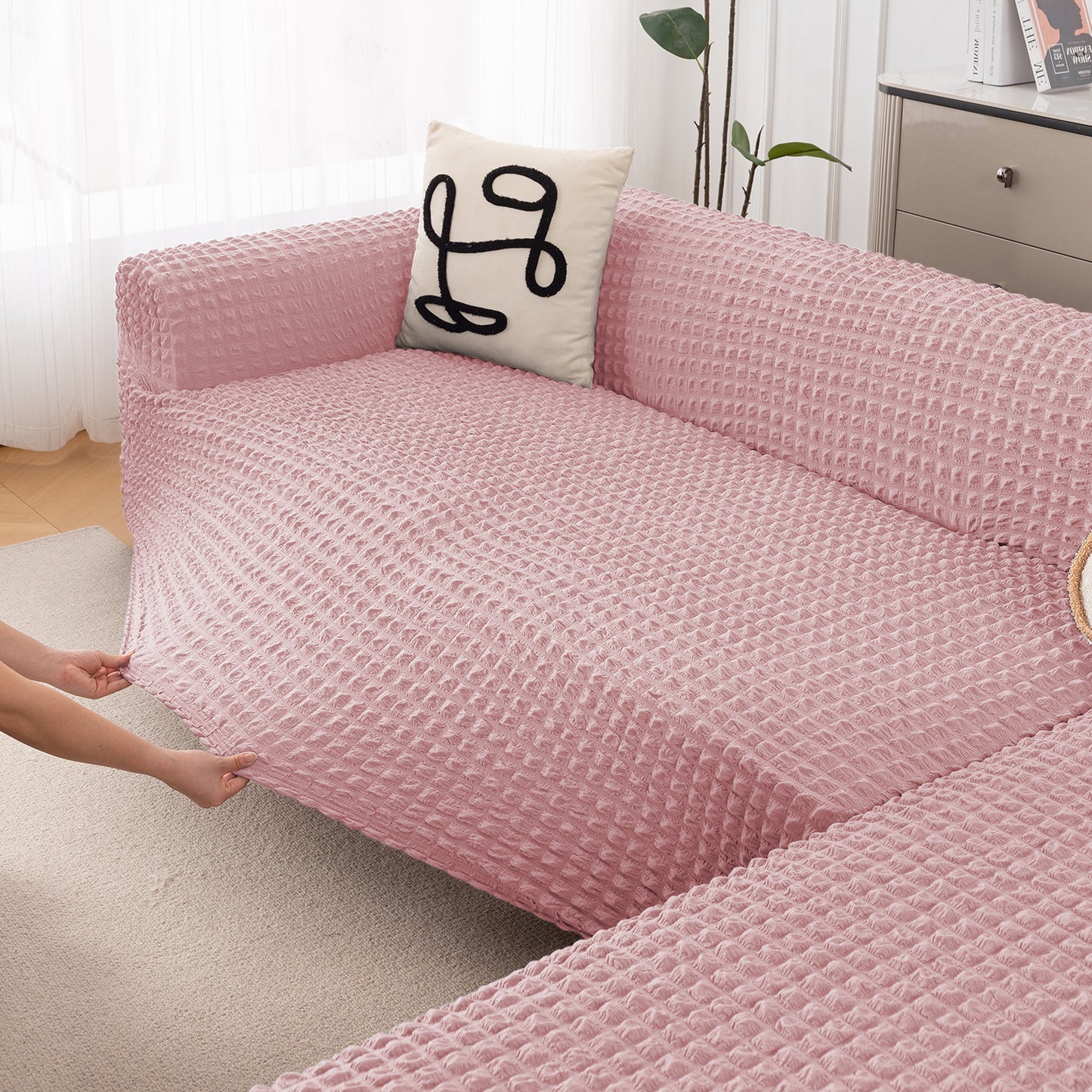 Aria Nova Bubble 2-Piece Stretchable L Shape Sofa Cover with Right Chaise, Tea Rose Pink