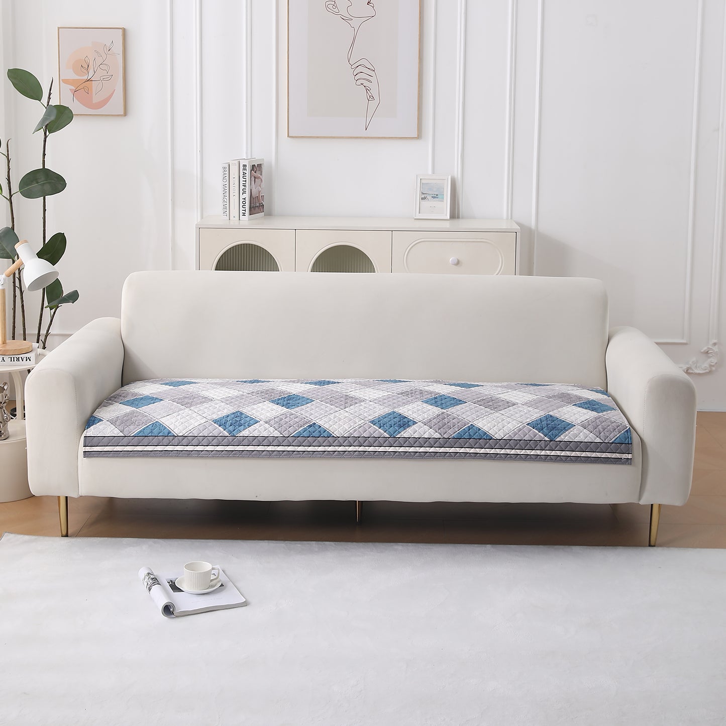 LiefNest Holland Velvet Sofa Cover Mat with Foam Filling - Diamond Slate Grey Blue