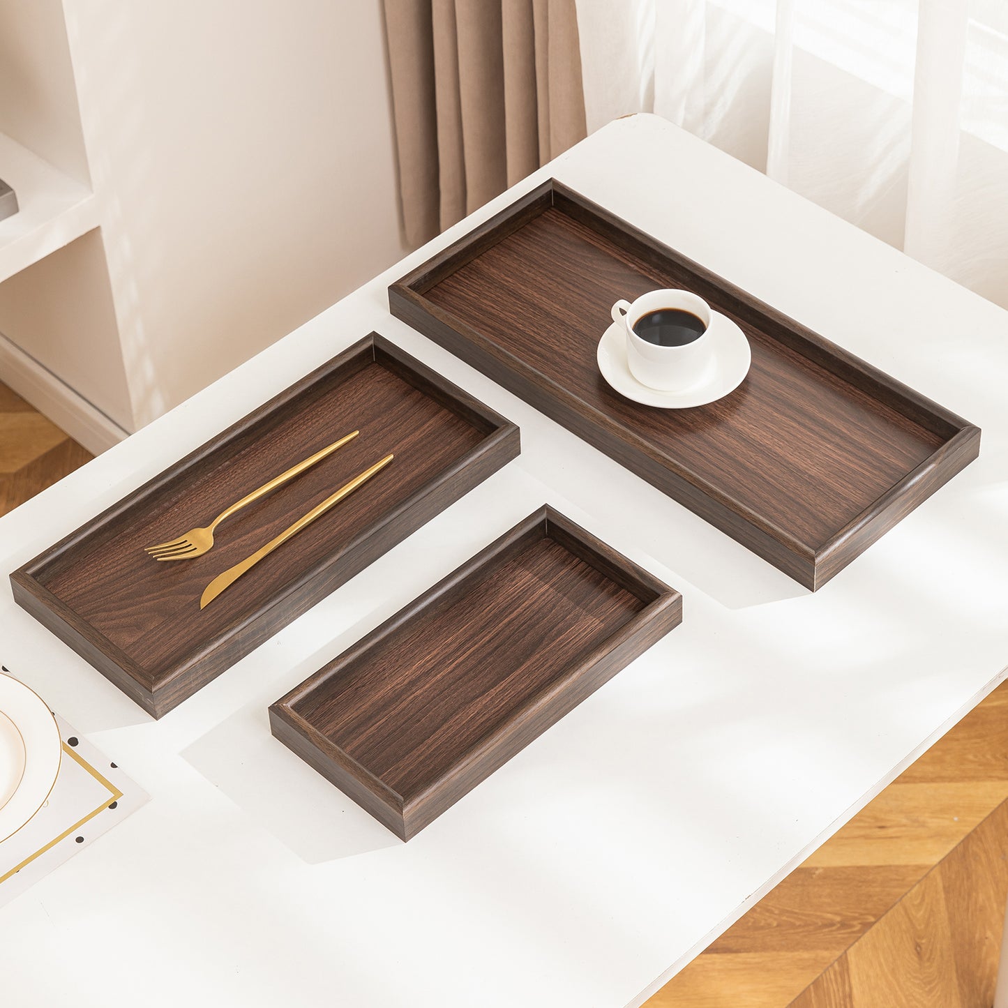 Wooden Serving Tray MDF Rectangular Eco-Friendly Trays Set of 3, Dark Wood Finish