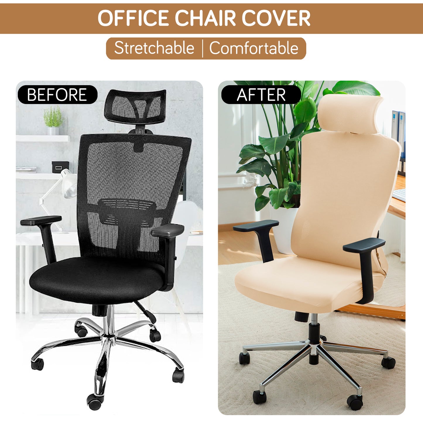 Office Chair Cover with Headrest (High-Back) – 140 GSM Stretch Fabric – Washable, Anti-Slip Fit for Ergonomic Mesh Office Chairs, Beige
