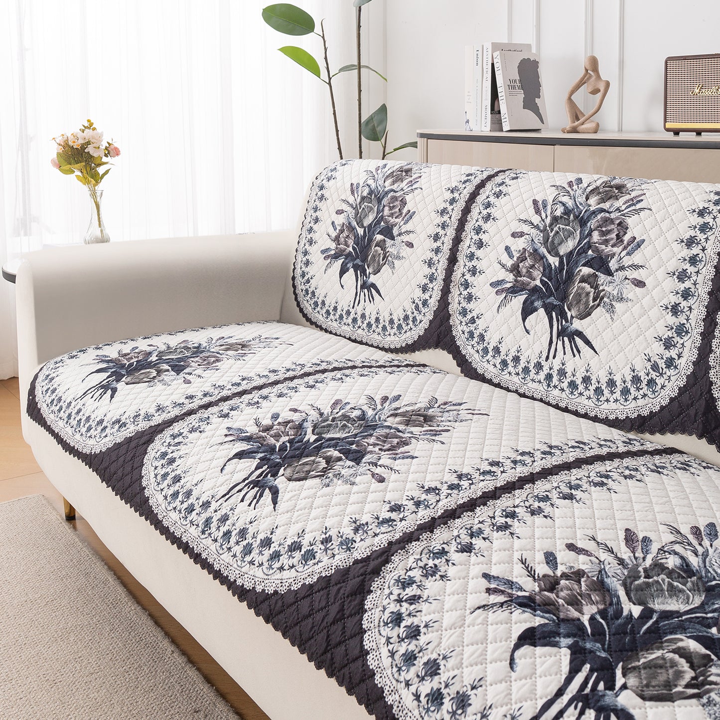 LoomVerse Quilted Sofa Cover Set Washable Sofa Panel for Seat & Back - Midnight Bloom